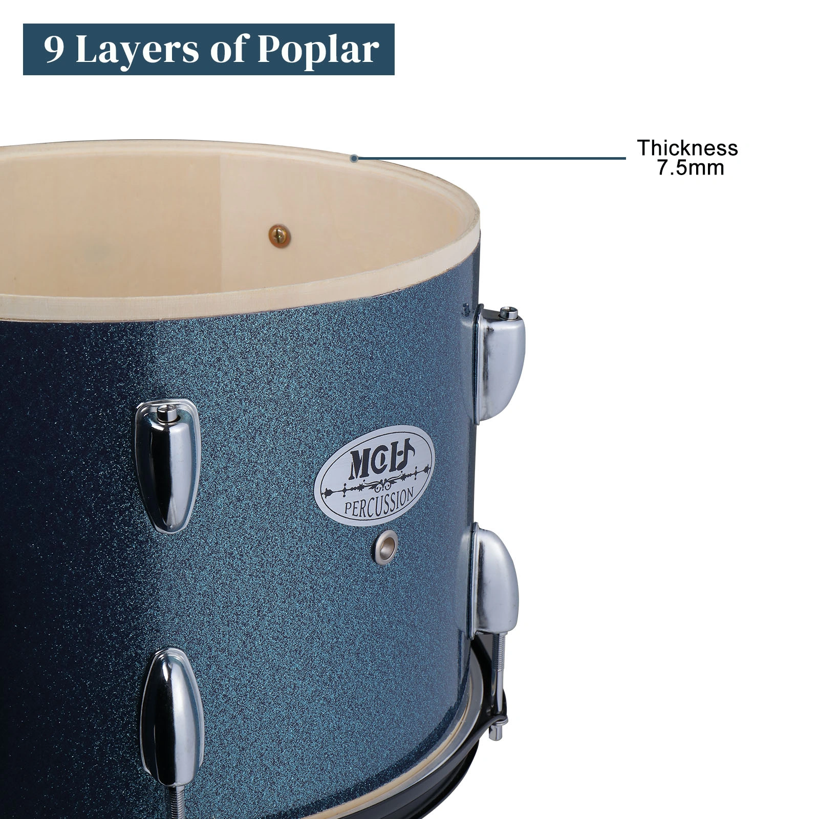 Full Size Adult Drum Set 5-Piece Black with Bass Drum, two Tom Drum, Snare Drum, Floor Tom, 16" Ride Cymbal, 14" Hi-hat Cymbals, Stool, Drum Pedal, Sticks view 17