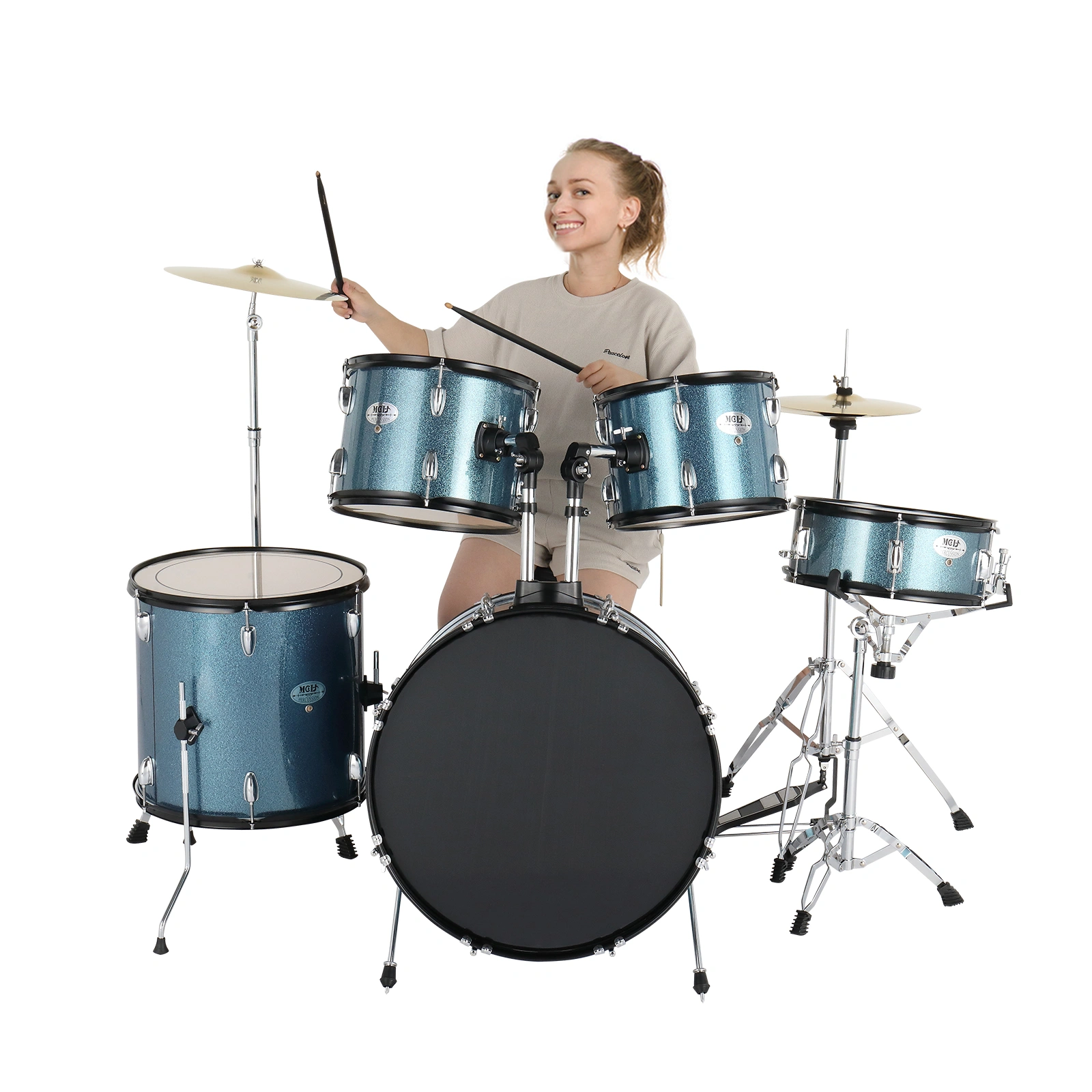 Full Size Adult Drum Set 5-Piece Black with Bass Drum, two Tom Drum, Snare Drum, Floor Tom, 16" Ride Cymbal, 14" Hi-hat Cymbals, Stool, Drum Pedal, Sticks view 19