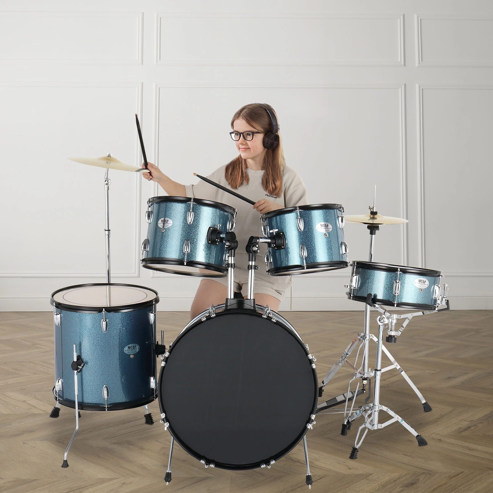 Full Size Adult Drum Set 5-Piece Black with Bass Drum, two Tom Drum, Snare Drum, Floor Tom, 16" Ride Cymbal, 14" Hi-hat Cymbals, Stool, Drum Pedal, Sticks view 20