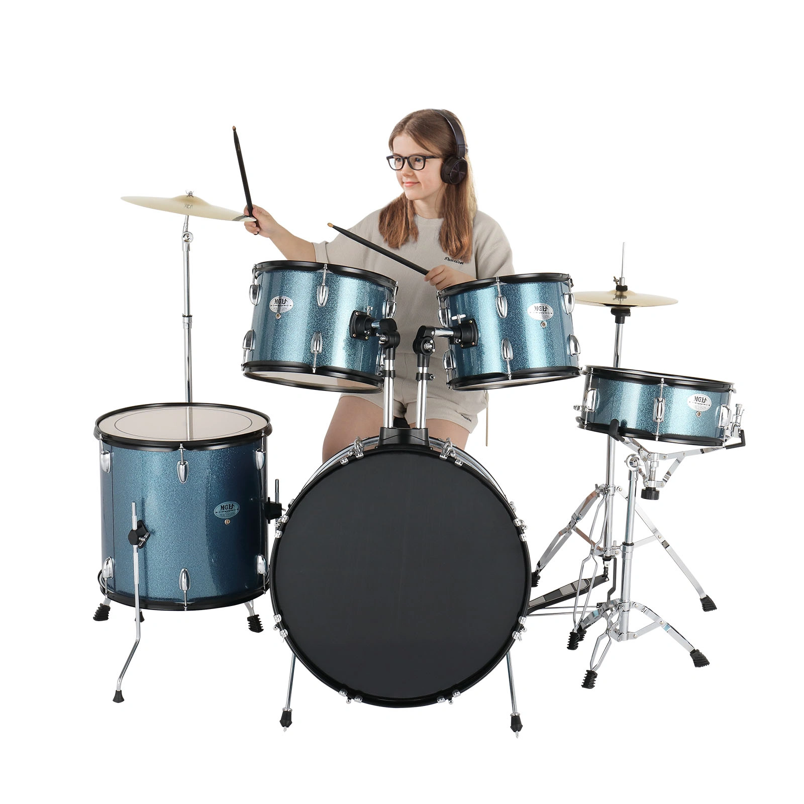 Full Size Adult Drum Set 5-Piece Black with Bass Drum, two Tom Drum, Snare Drum, Floor Tom, 16" Ride Cymbal, 14" Hi-hat Cymbals, Stool, Drum Pedal, Sticks view 21