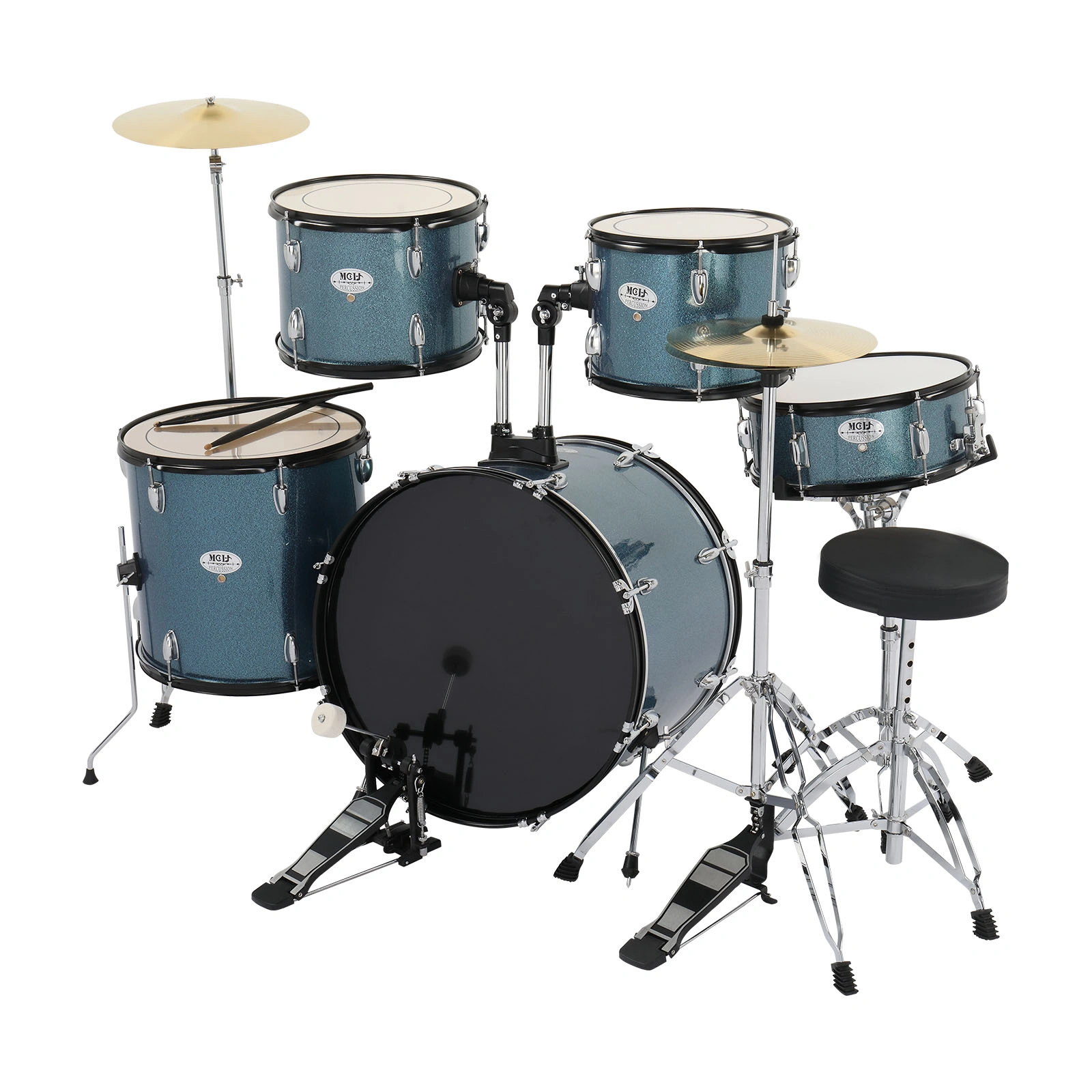 Full Size Adult Drum Set 5-Piece Black with Bass Drum, two Tom Drum, Snare Drum, Floor Tom, 16" Ride Cymbal, 14" Hi-hat Cymbals, Stool, Drum Pedal, Sticks view 22
