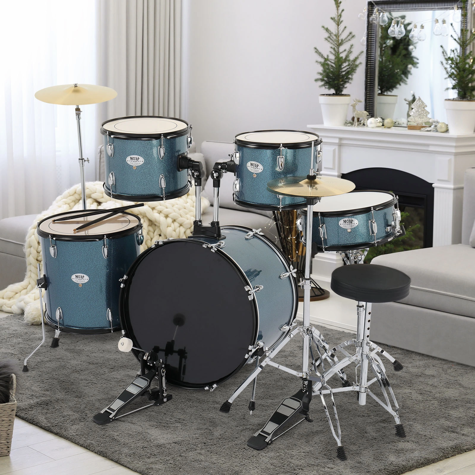 Full Size Adult Drum Set 5-Piece Black with Bass Drum, two Tom Drum, Snare Drum, Floor Tom, 16" Ride Cymbal, 14" Hi-hat Cymbals, Stool, Drum Pedal, Sticks view 23