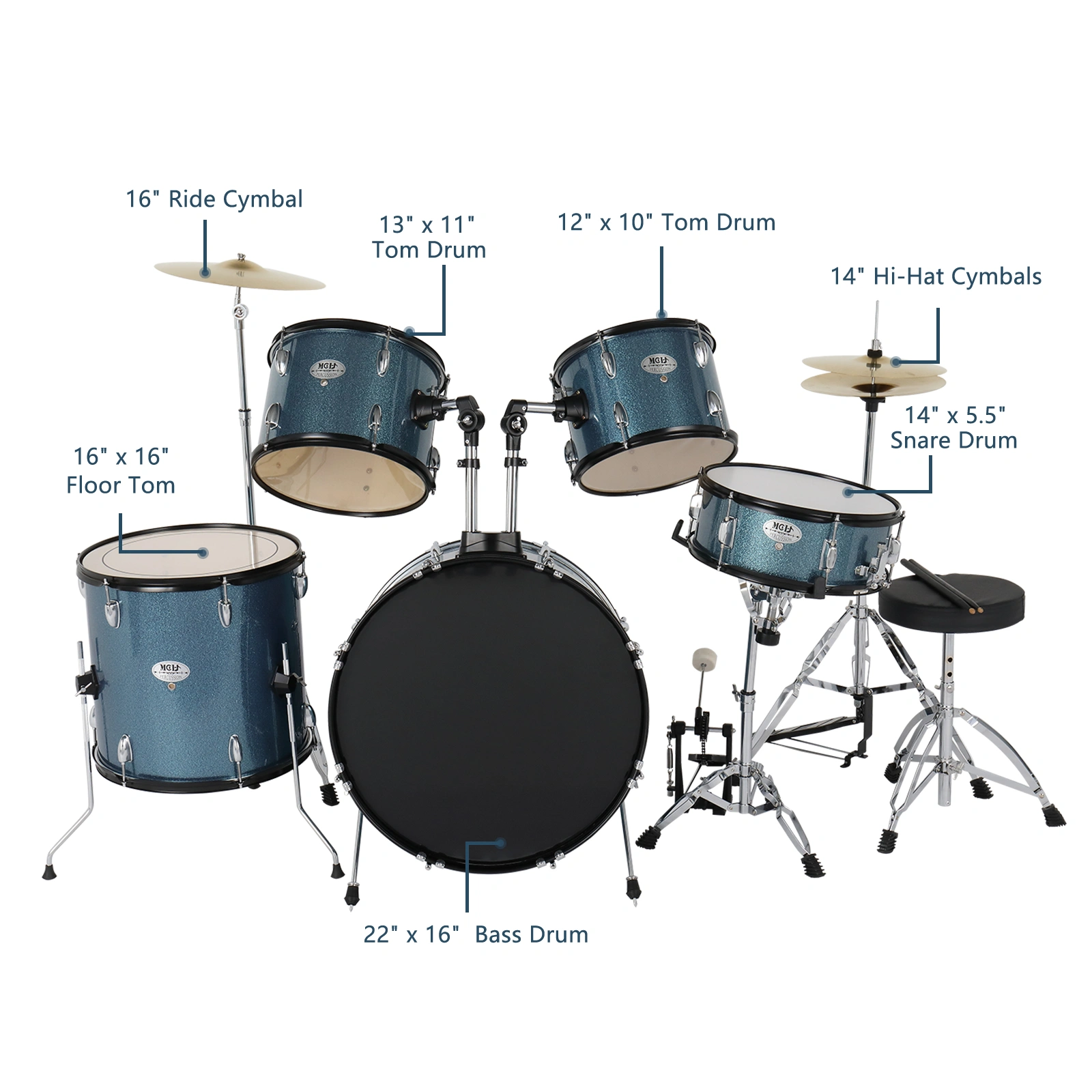 Full Size Adult Drum Set 5-Piece Black with Bass Drum, two Tom Drum, Snare Drum, Floor Tom, 16" Ride Cymbal, 14" Hi-hat Cymbals, Stool, Drum Pedal, Sticks view 3