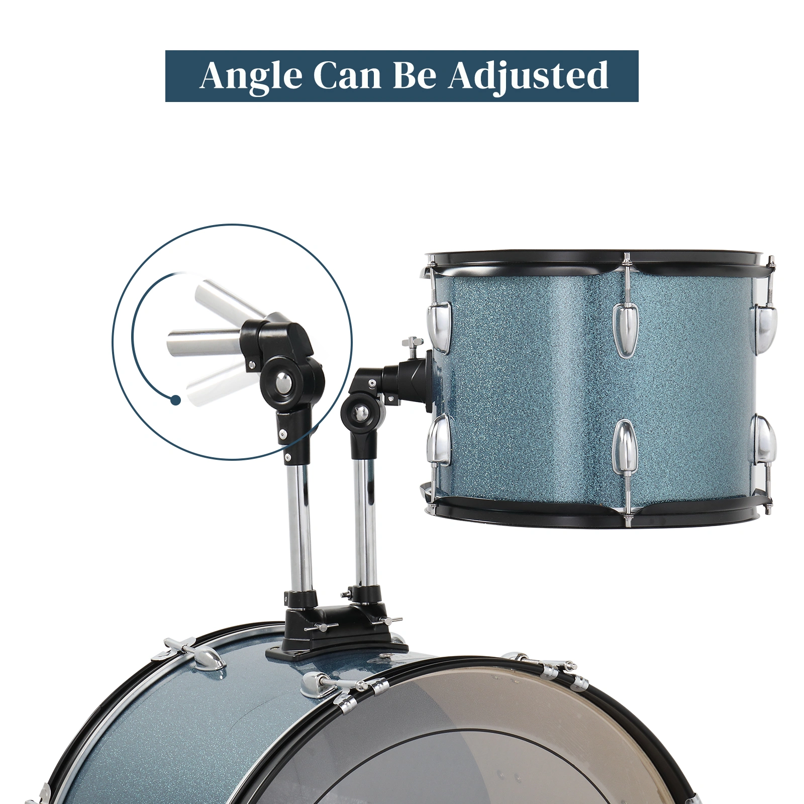 Full Size Adult Drum Set 5-Piece Black with Bass Drum, two Tom Drum, Snare Drum, Floor Tom, 16" Ride Cymbal, 14" Hi-hat Cymbals, Stool, Drum Pedal, Sticks view 7
