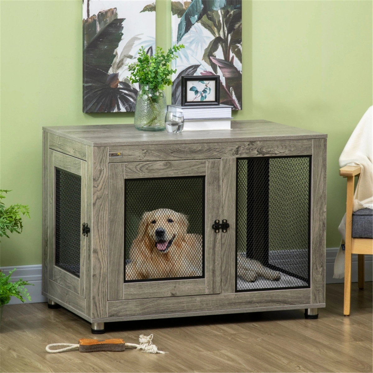 Large Dog Crate with Tray, Heavy Duty Metal Pet Kennel, Foldable Animal Cage with Double Doors for Indoor Use