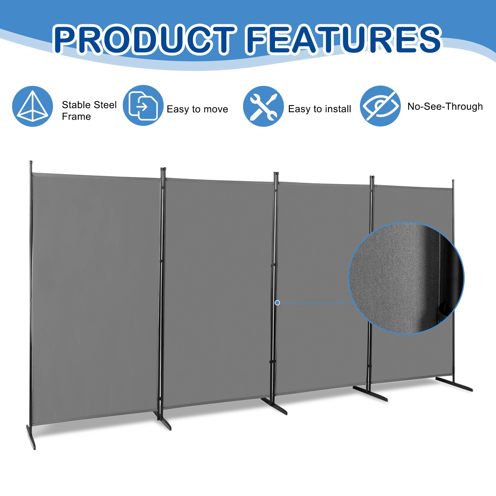 6FT 4-Fold 160g Polyester Cloth Plastic Foot Carbon Steel Frame Foldable Screen Gray view 3