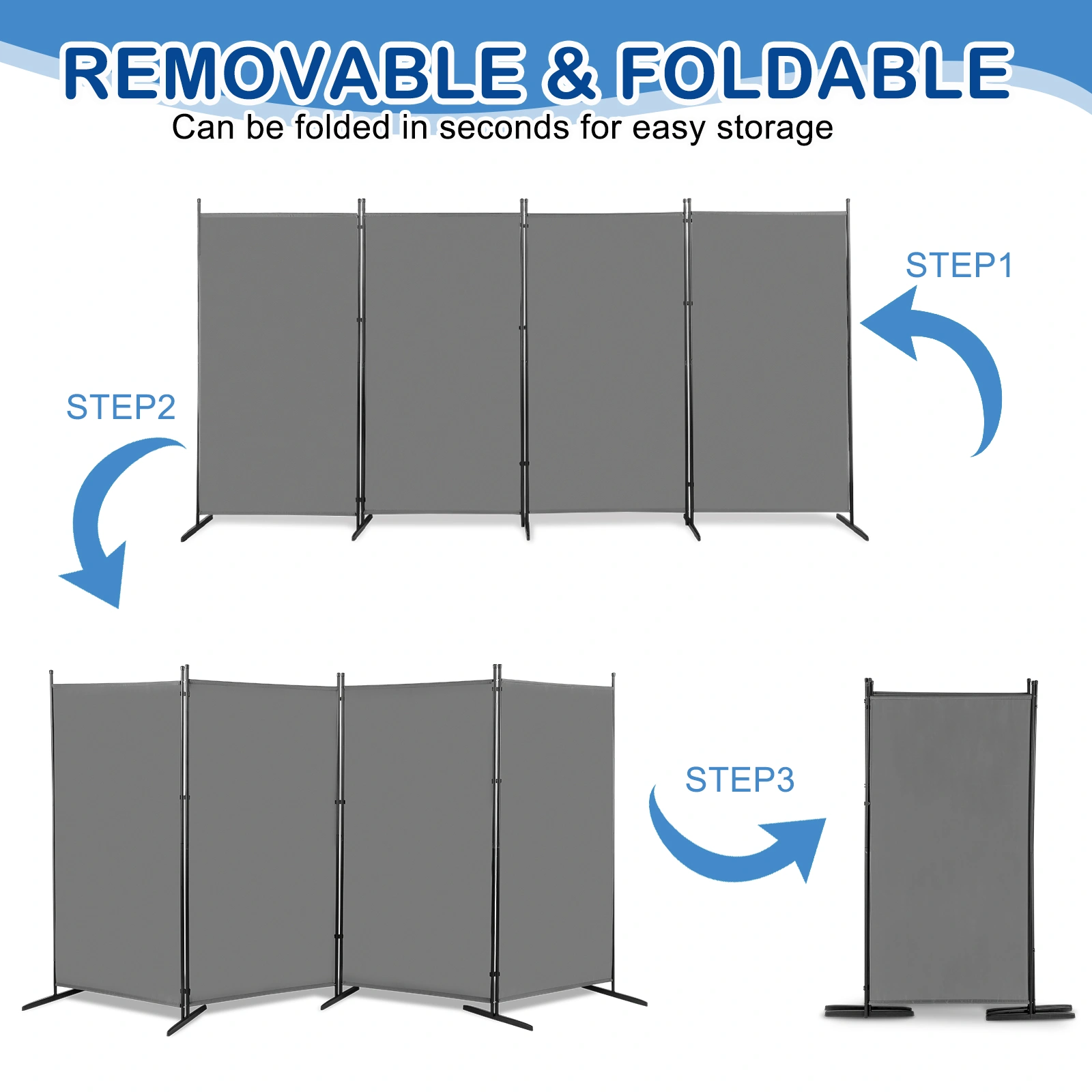 6FT 4-Fold 160g Polyester Cloth Plastic Foot Carbon Steel Frame Foldable Screen Gray view 4