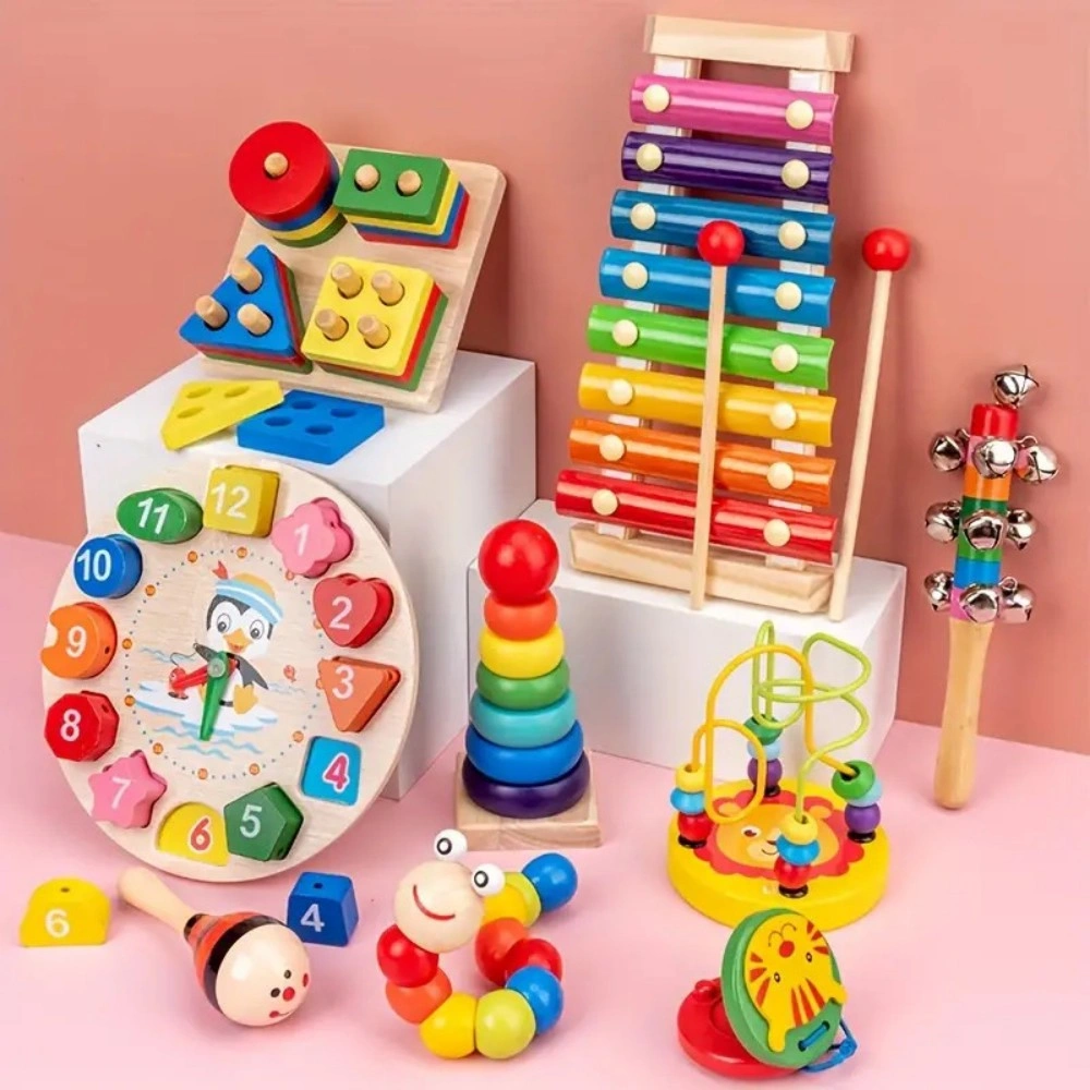 9 in 1 Wooden Musical Instruments Rattle Bell Drum Set Sensory Baby Toddler Toy