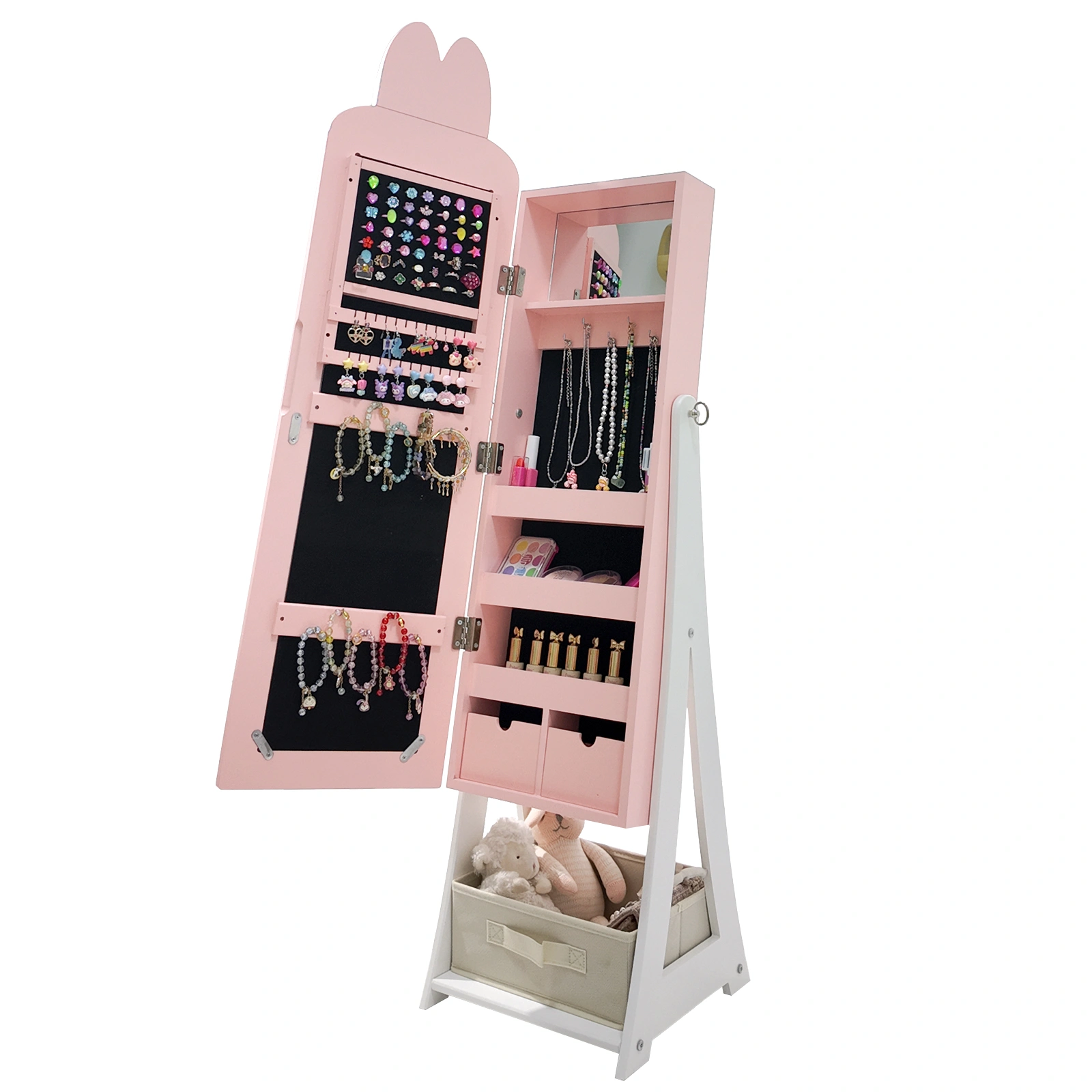 Kids Cabinet Pink Rabbit MDF 1 Door 1 Drawer Spray Paint Finish Children Jewelry Storage Mirror view 2