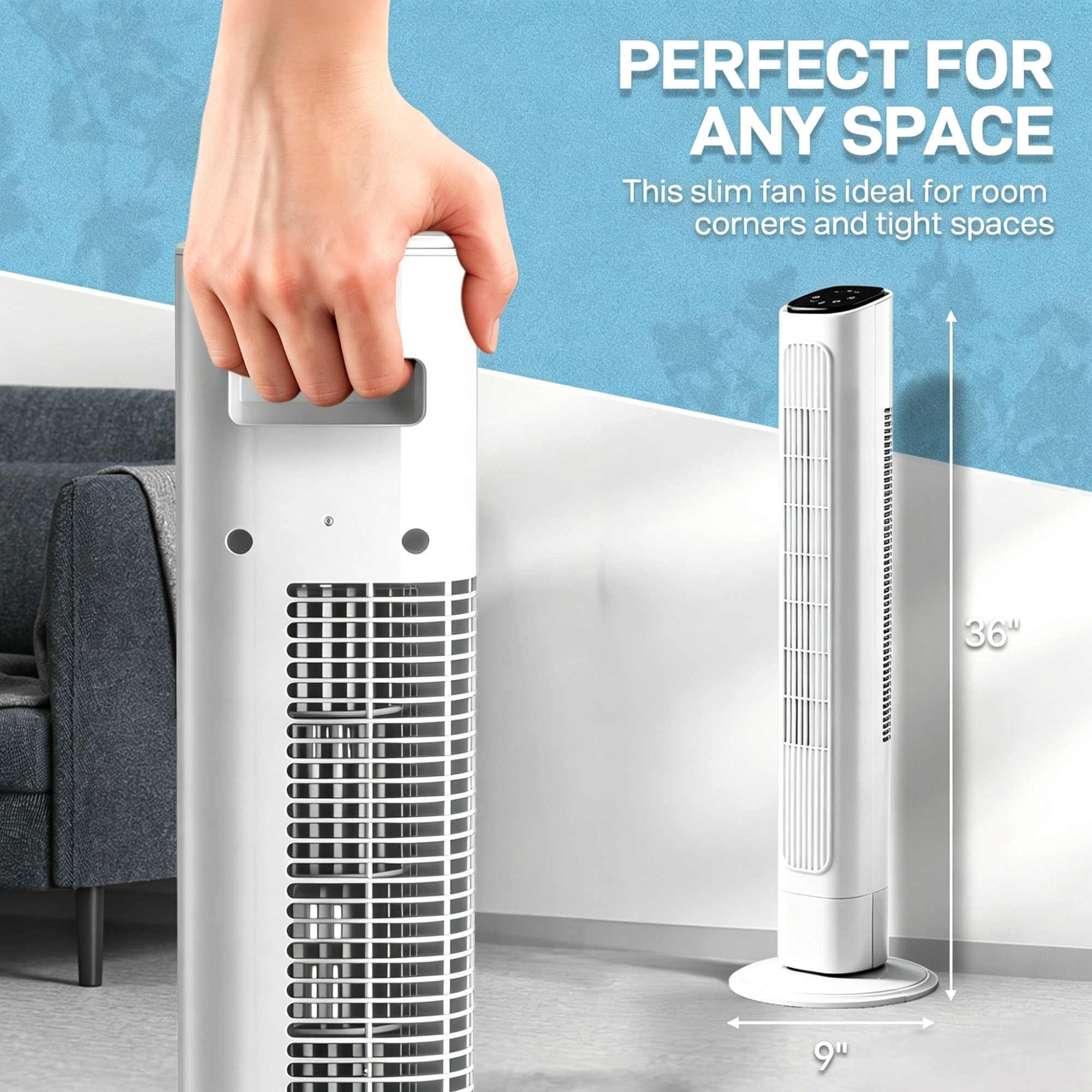 US Standard RTW-GR36 Tower Fan, 110V 45W, 36 Inch, Column Shape, White Plastic Body, Copper Motor, Touch & Remote Control, 3 Speeds, 3 Modes, Oscillating Function, 9-Hour Timer, For Home Use view 6