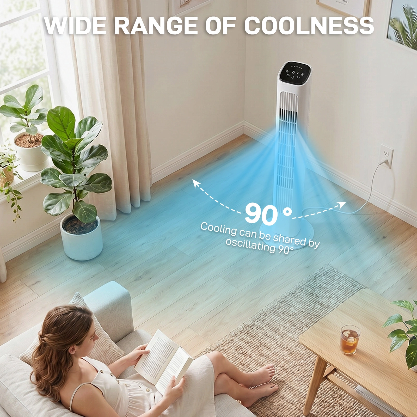 US Standard RTW-GR36 Tower Fan, 110V 45W, 36 Inch, Column Shape, White Plastic Body, Copper Motor, Touch & Remote Control, 3 Speeds, 3 Modes, Oscillating Function, 9-Hour Timer, For Home Use view 8