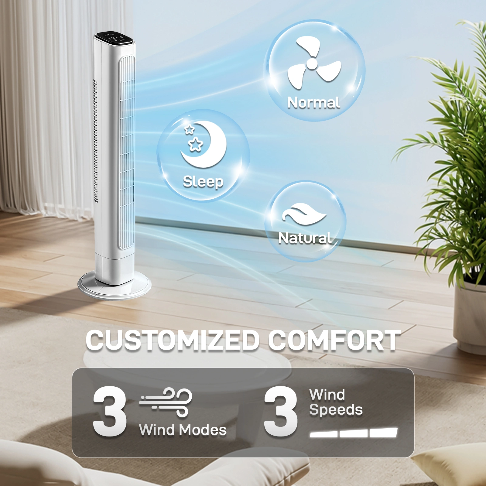 US Standard RTW-GR36 Tower Fan, 110V 45W, 36 Inch, Column Shape, White Plastic Body, Copper Motor, Touch & Remote Control, 3 Speeds, 3 Modes, Oscillating Function, 9-Hour Timer, For Home Use view 9