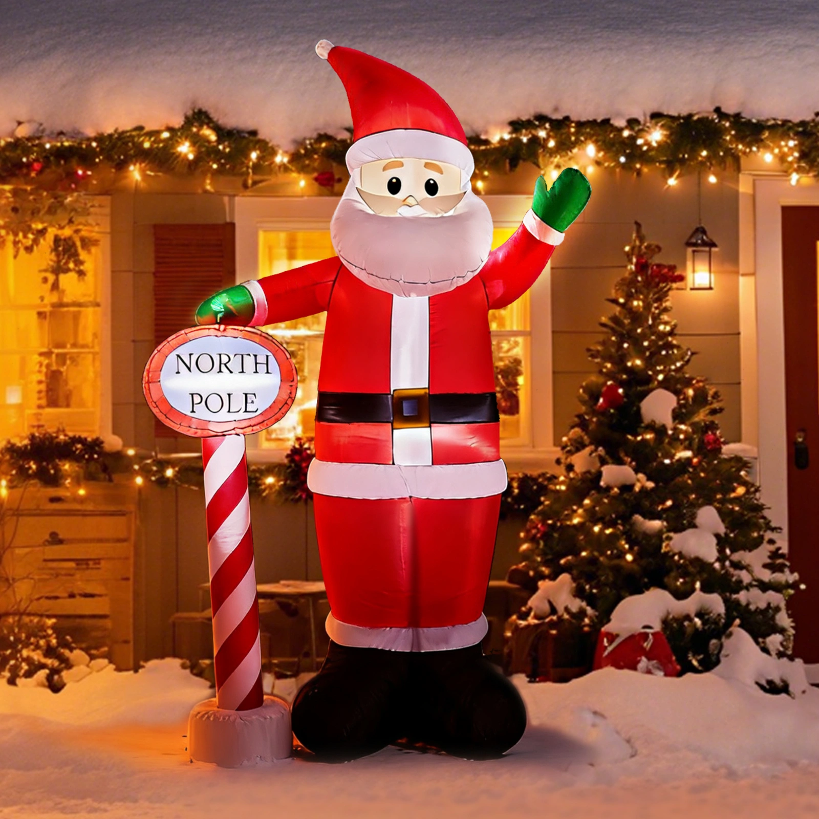 45M Lighted Christmas Inflatable Santa with North Pole Road Sign, Built-in LED Blow Up Yard Lawn Garden Decoration for Holiday view 4