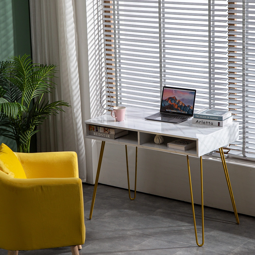 White Marble Computer Desk with Iron Frame Legs, Modern Home Office Writing Table