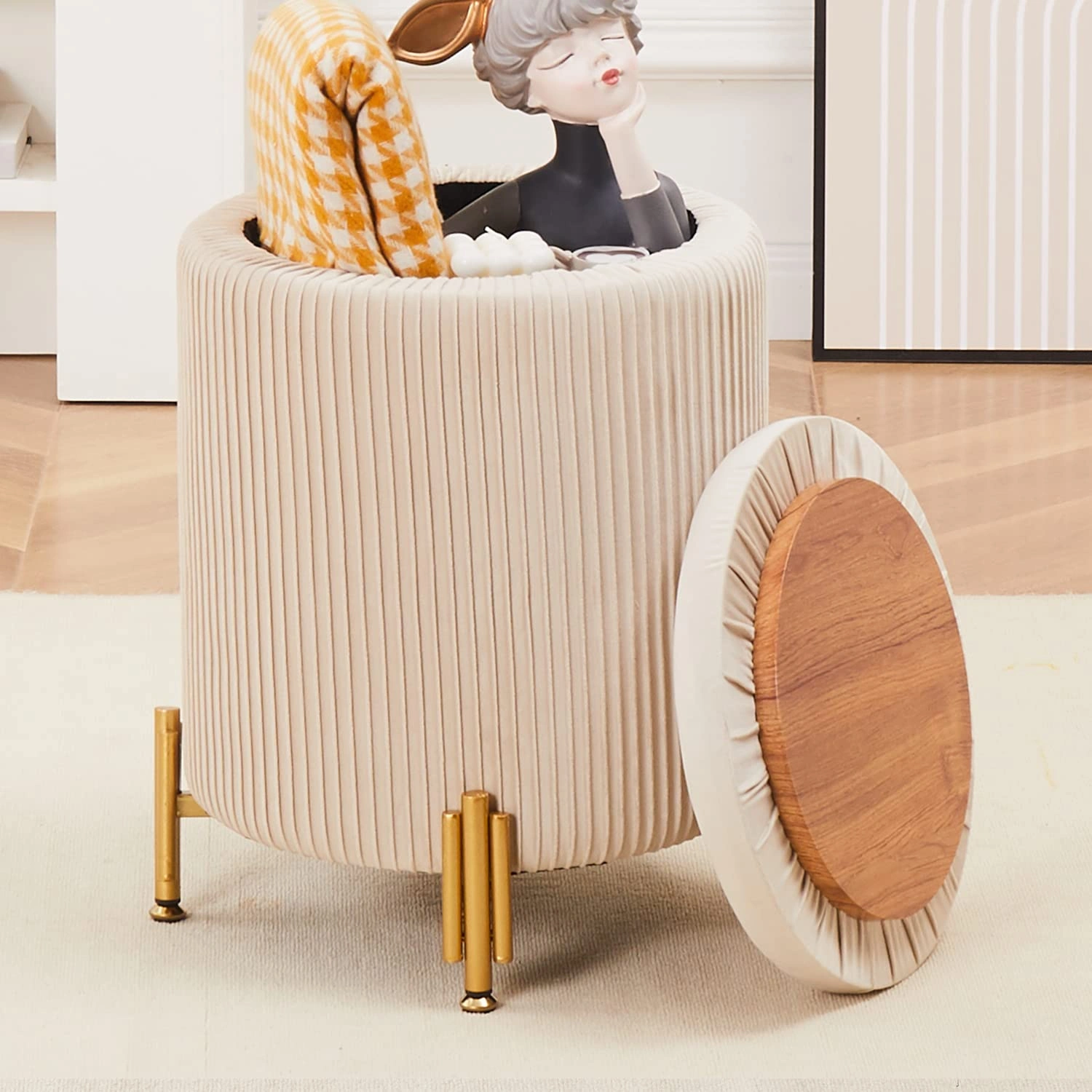 Round Ottoman Foot Stool with Storage, 300lbs Capacity Velvet Footrest Stool, Metal Legs Coffee Table Seat, Beige