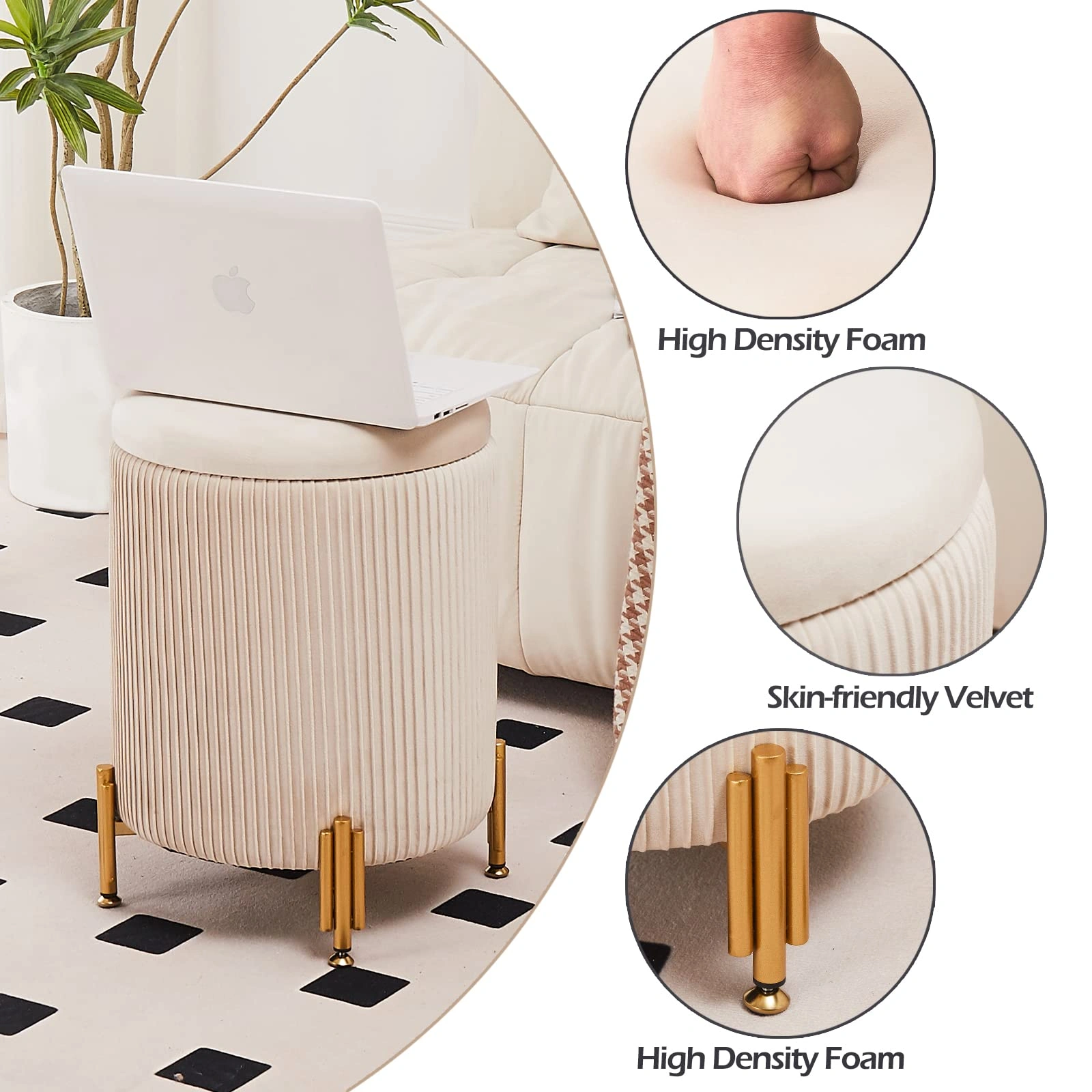 Round Ottoman Foot Stool with Storage, 300lbs Capacity Velvet Footrest Stool, Metal Legs Coffee Table Seat, Beige view 2