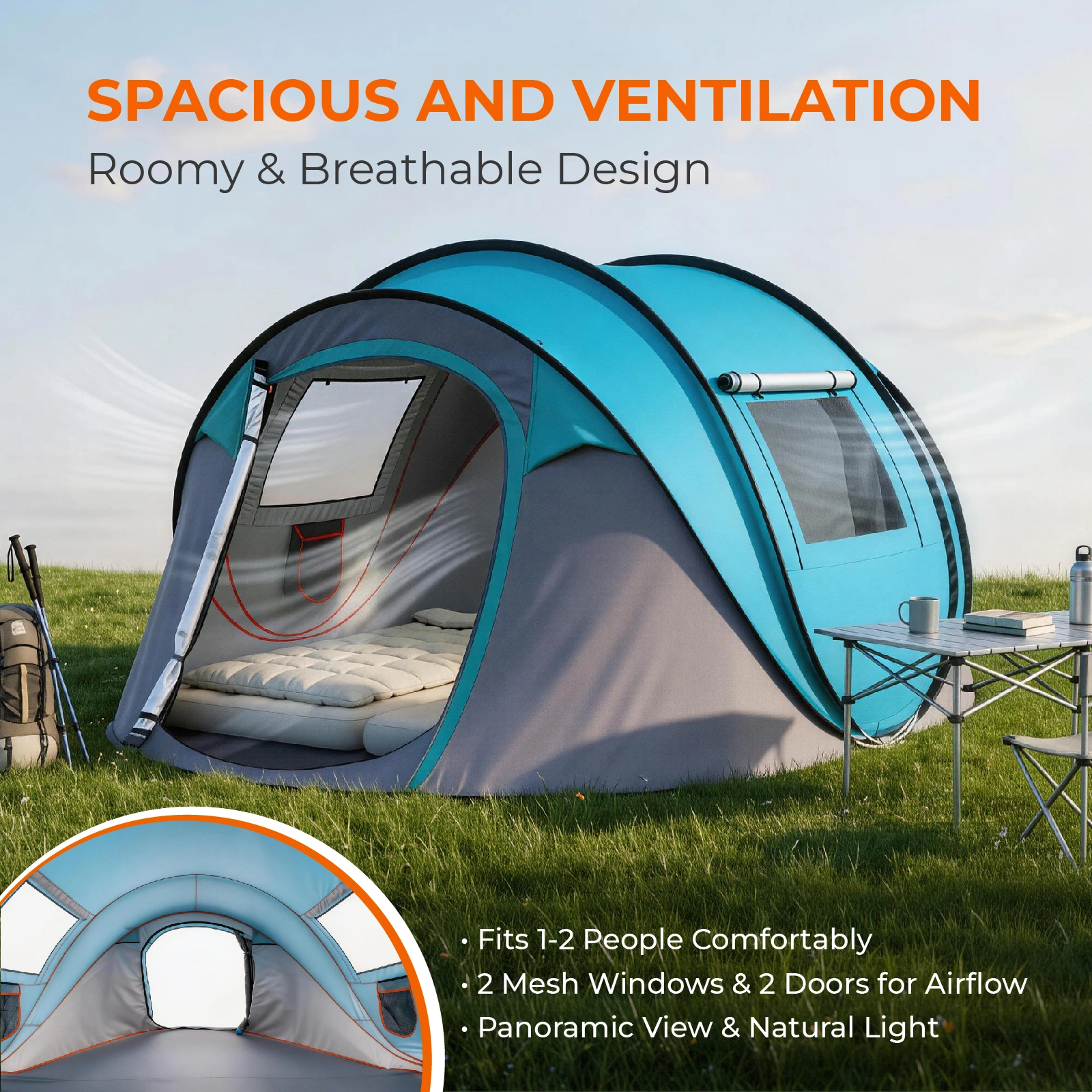 4 Person Pop Up Tent for Camping, Waterproof Instant Family Tent with Front Awning, Automatic Tent Throw Pop Up Instant Flip Pop Tent for Camping, Blue view 10
