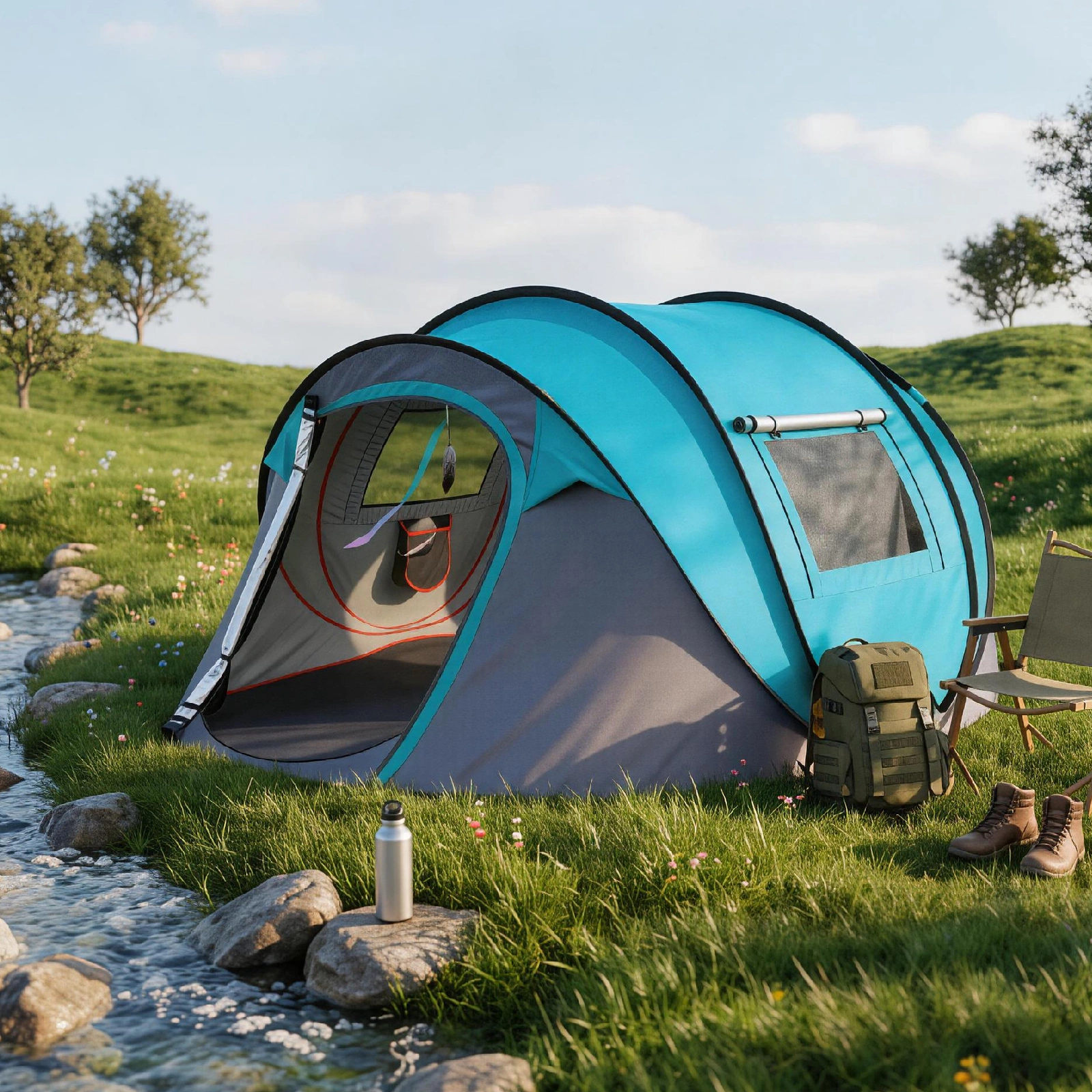 4 Person Pop Up Tent for Camping, Waterproof Instant Family Tent with Front Awning, Automatic Tent Throw Pop Up Instant Flip Pop Tent for Camping, Blue view 12