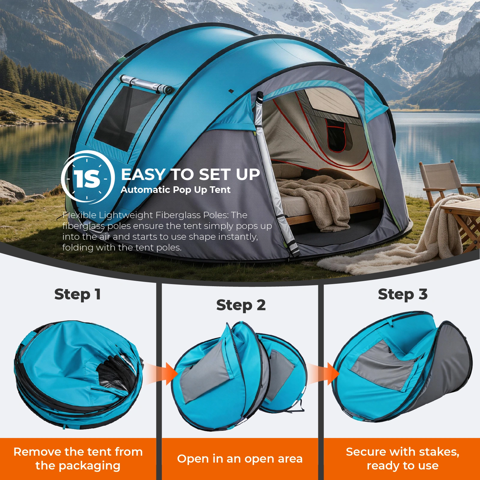 4 Person Pop Up Tent for Camping, Waterproof Instant Family Tent with Front Awning, Automatic Tent Throw Pop Up Instant Flip Pop Tent for Camping, Blue view 5