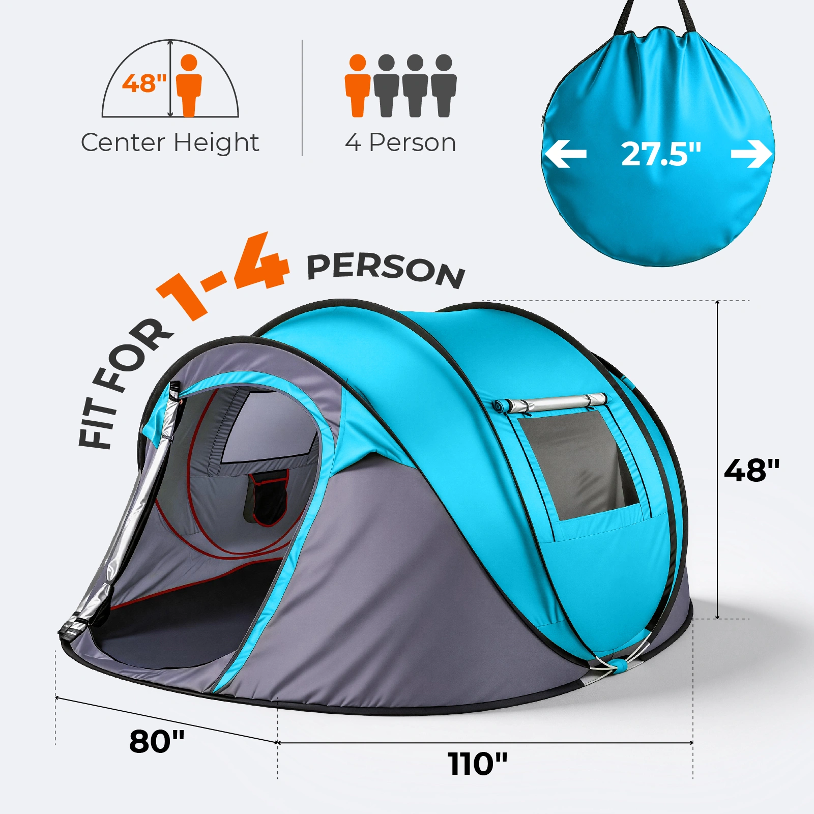 4 Person Pop Up Tent for Camping, Waterproof Instant Family Tent with Front Awning, Automatic Tent Throw Pop Up Instant Flip Pop Tent for Camping, Blue view 6