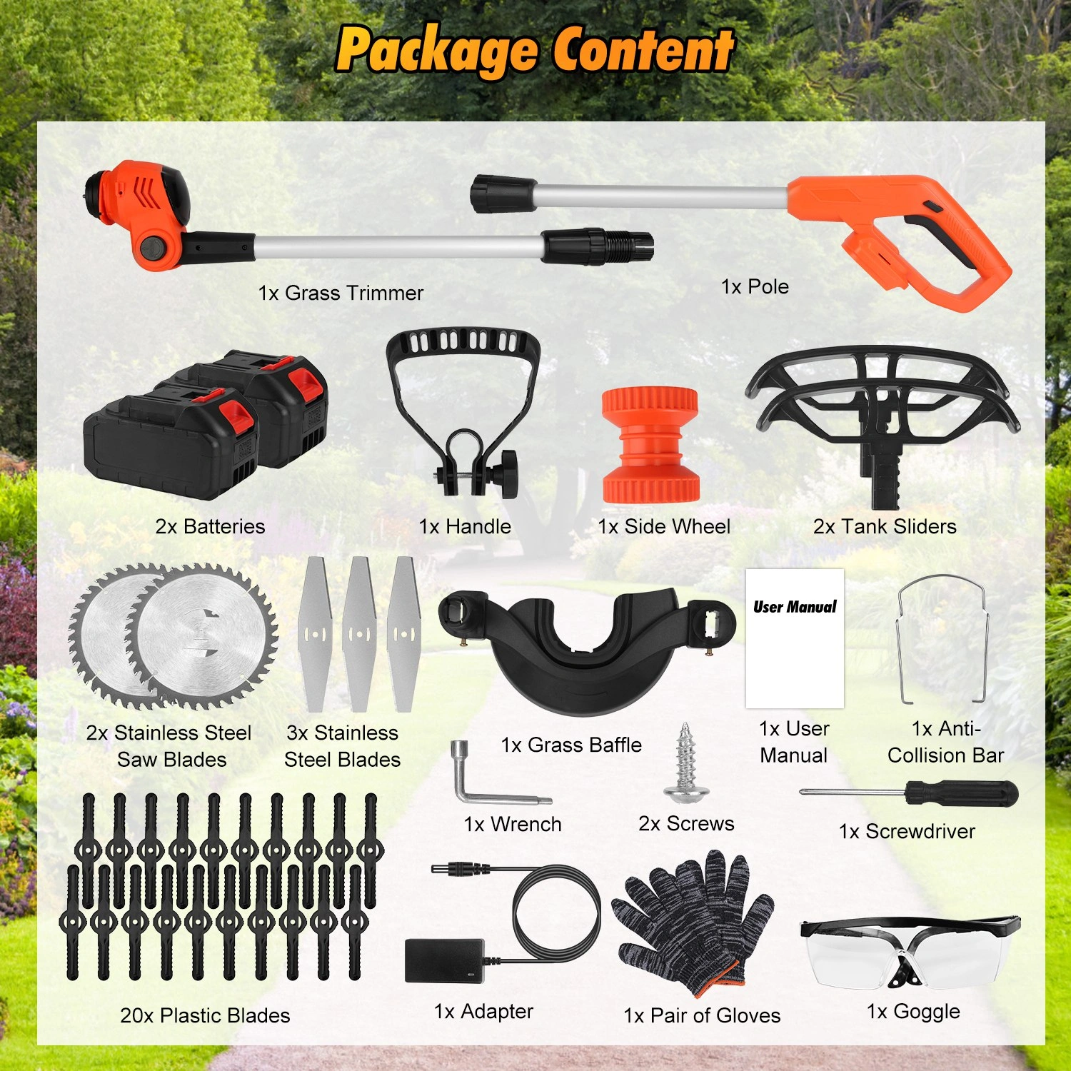 Cordless Wheeled Grass Trimmer - 800W Pure Copper Motor (15000RPM), 2x21V 3000mAh Batteries, 3 Blades (Plastic/Saw/Stainless Steel) & Height-Adjustable Wheels view 10