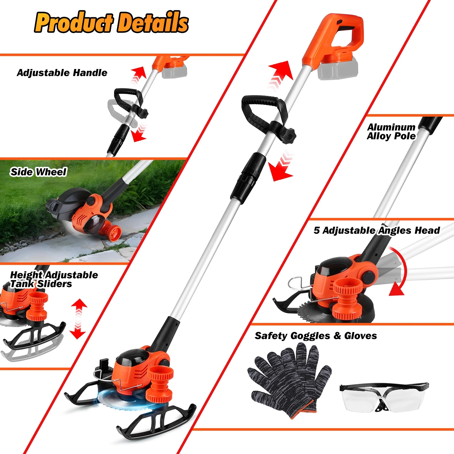 Cordless Wheeled Grass Trimmer - 800W Pure Copper Motor (15000RPM), 2x21V 3000mAh Batteries, 3 Blades (Plastic/Saw/Stainless Steel) & Height-Adjustable Wheels view 7