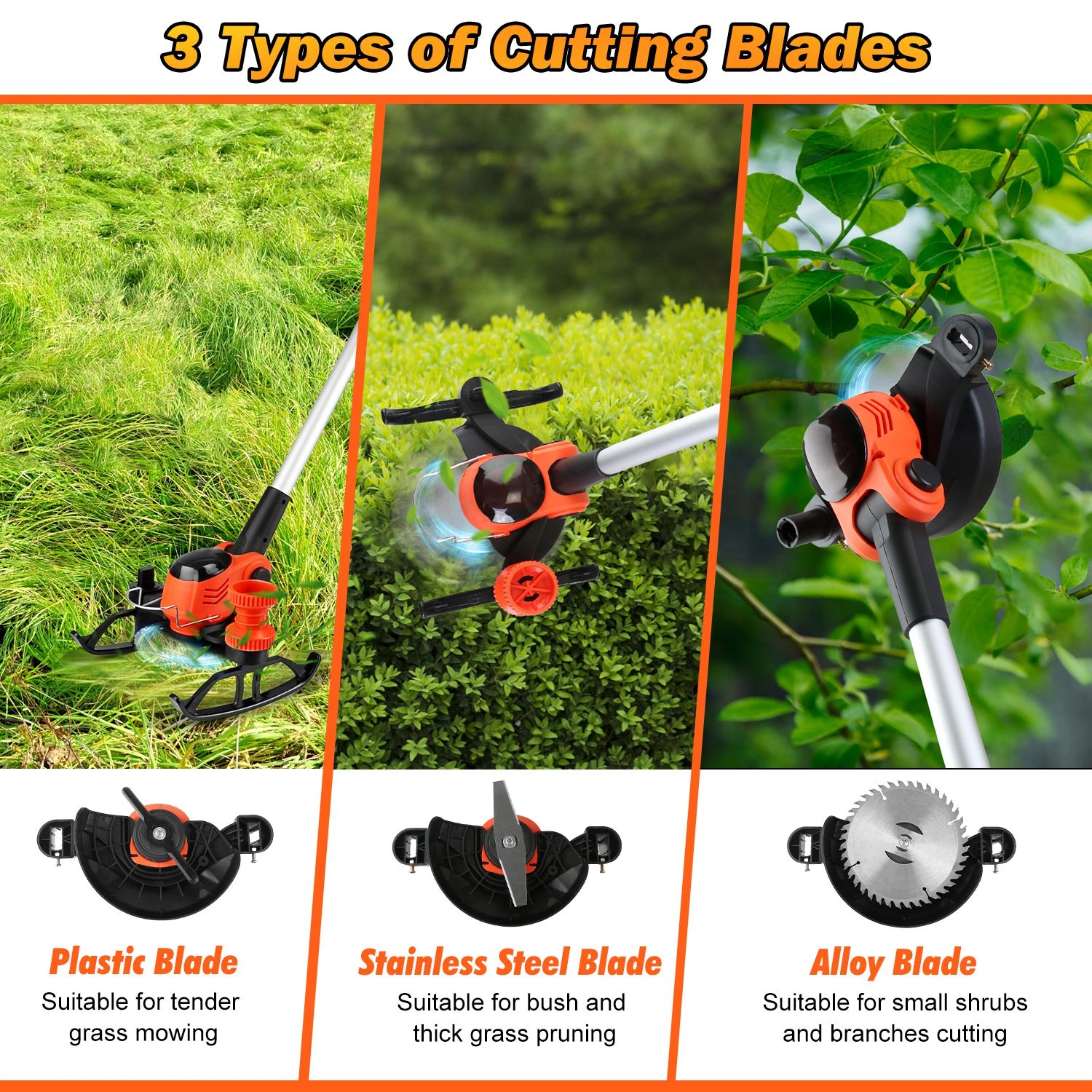 Cordless Wheeled Grass Trimmer - 800W Pure Copper Motor (15000RPM), 2x21V 3000mAh Batteries, 3 Blades (Plastic/Saw/Stainless Steel) & Height-Adjustable Wheels view 8