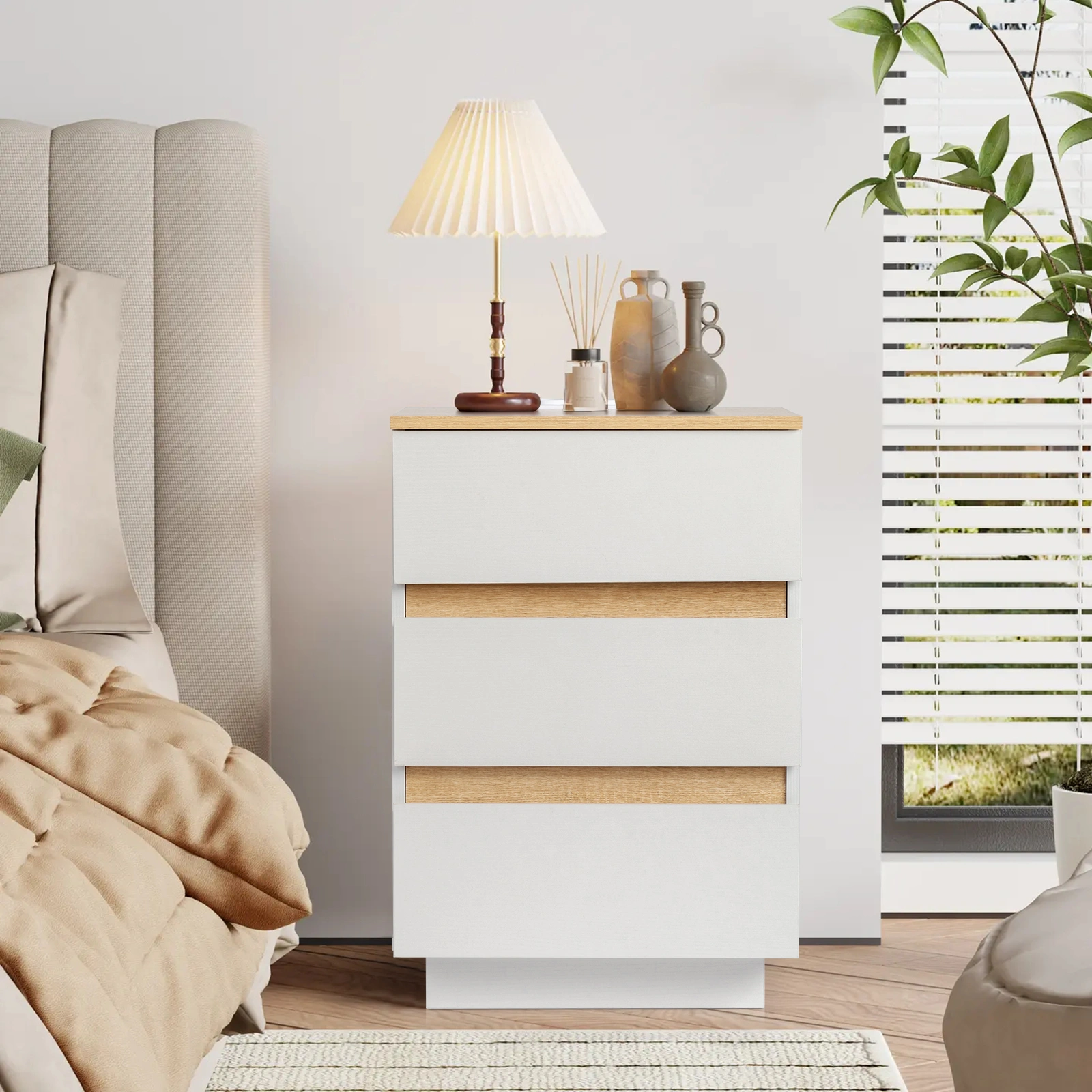 2PCS Bedside Table 3 Drawers, Handle-Free Nightstand 38x32x56cm, Embossed White & Oak E1 Particle Board 12mm with European Standard Socket