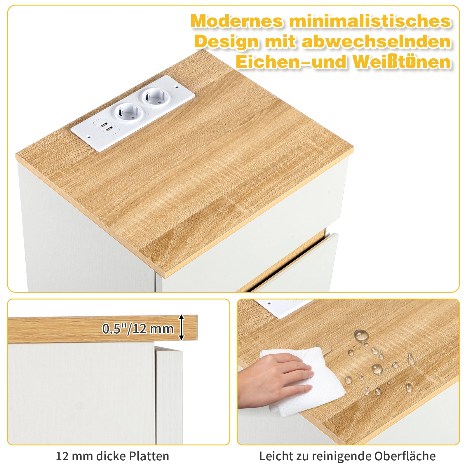 2PCS Bedside Table 3 Drawers, Handle-Free Nightstand 38x32x56cm, Embossed White & Oak E1 Particle Board 12mm with European Standard Socket view 2