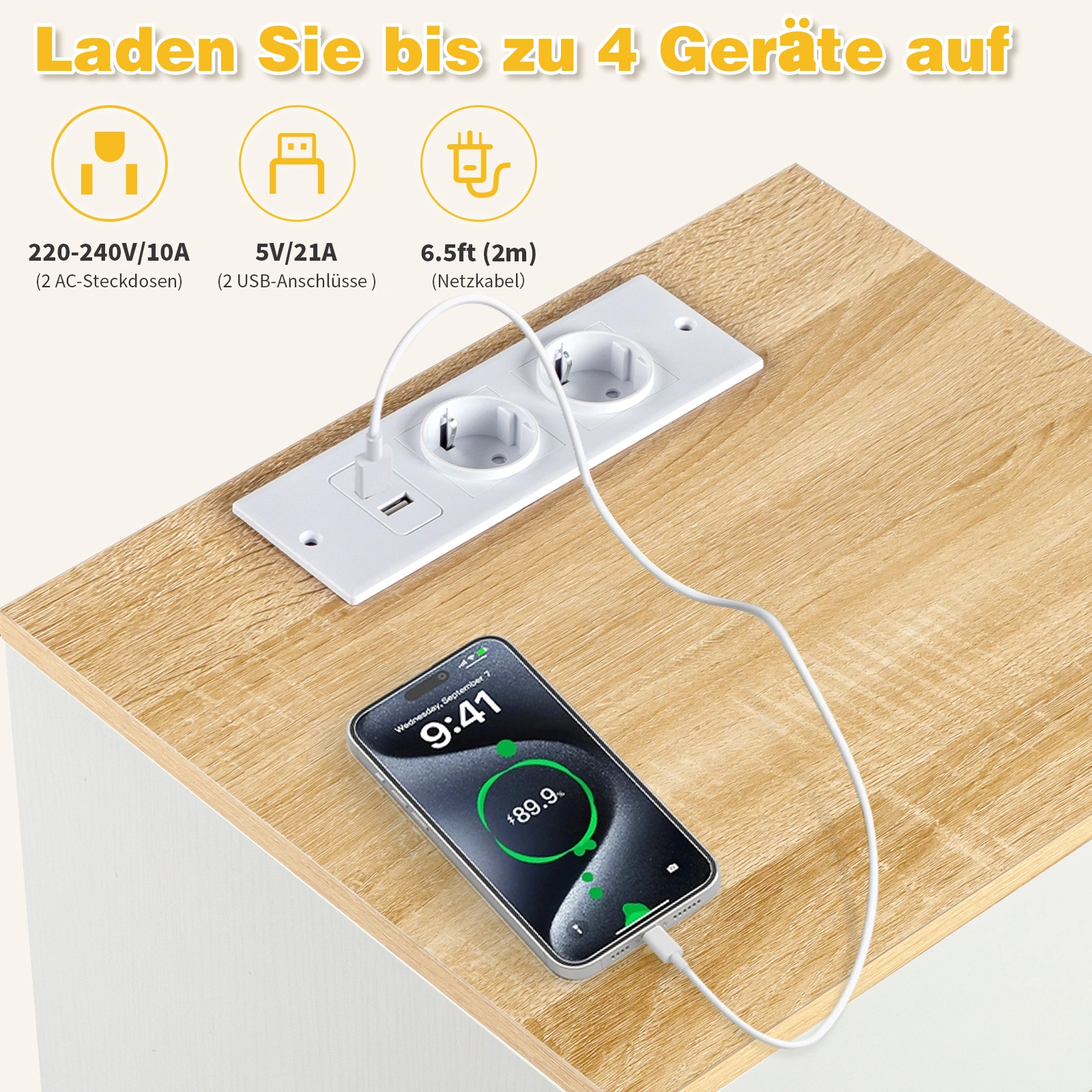 2PCS Bedside Table 3 Drawers, Handle-Free Nightstand 38x32x56cm, Embossed White & Oak E1 Particle Board 12mm with European Standard Socket view 3