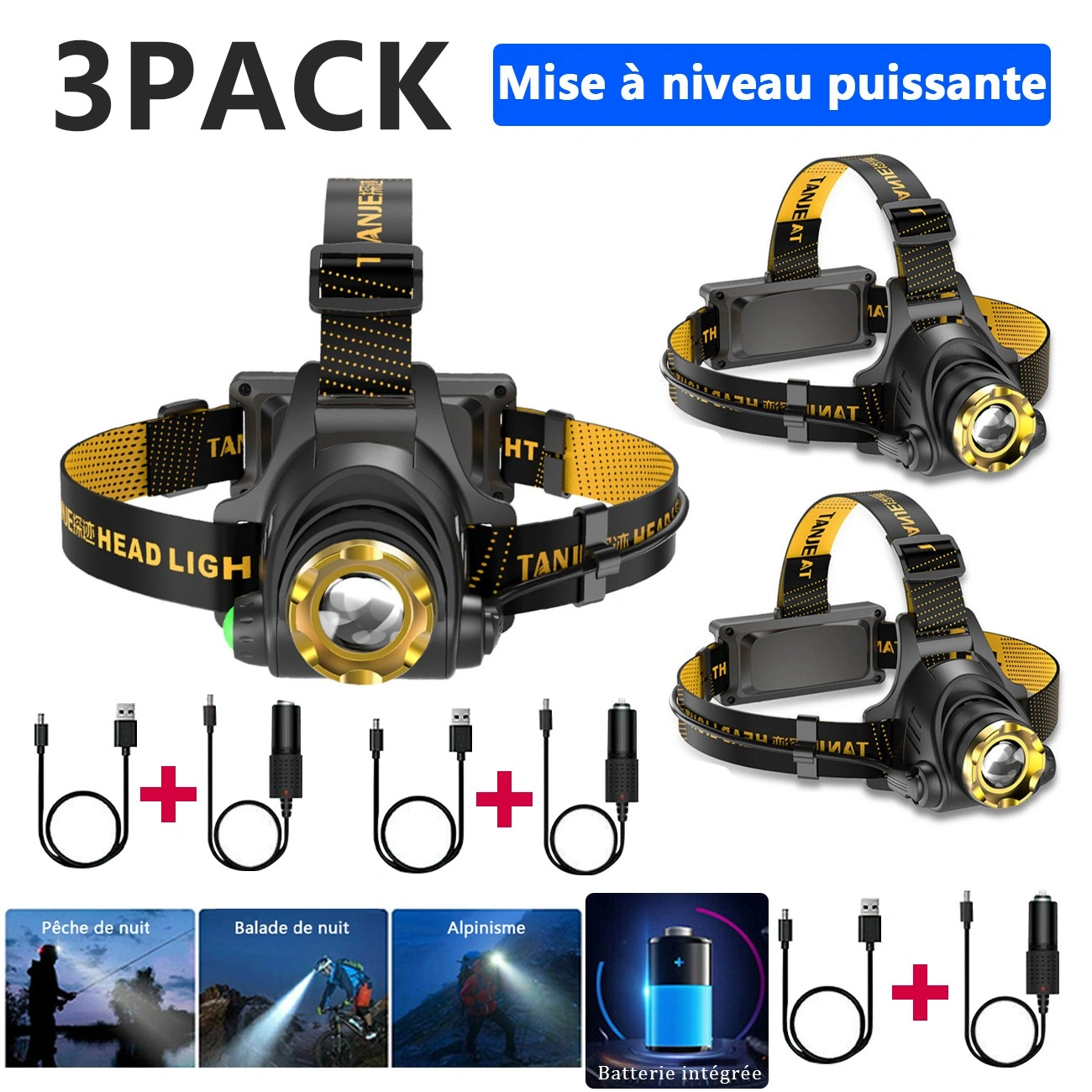 3 Pack LED Headlamp USB Rechargeable 3-Mode Adjustable Camping Hiking Headlight W/ Car Charger USB