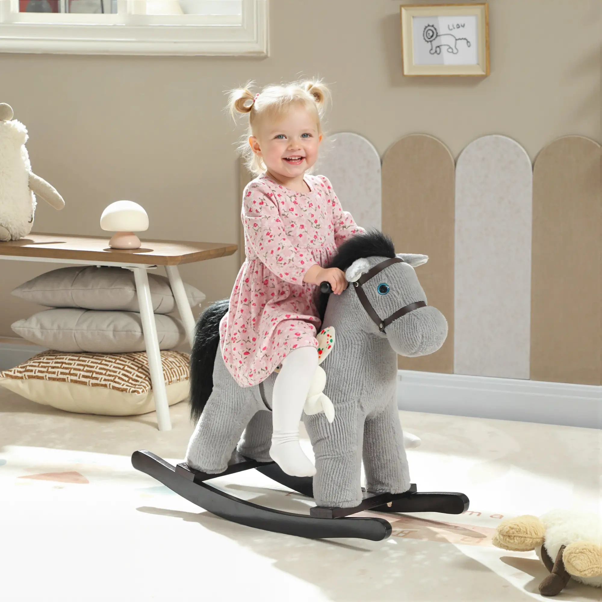 Wooden Rocking Horse for Kids with Soft Plush Seat, Indoor Outdoor Toy Gift view 4