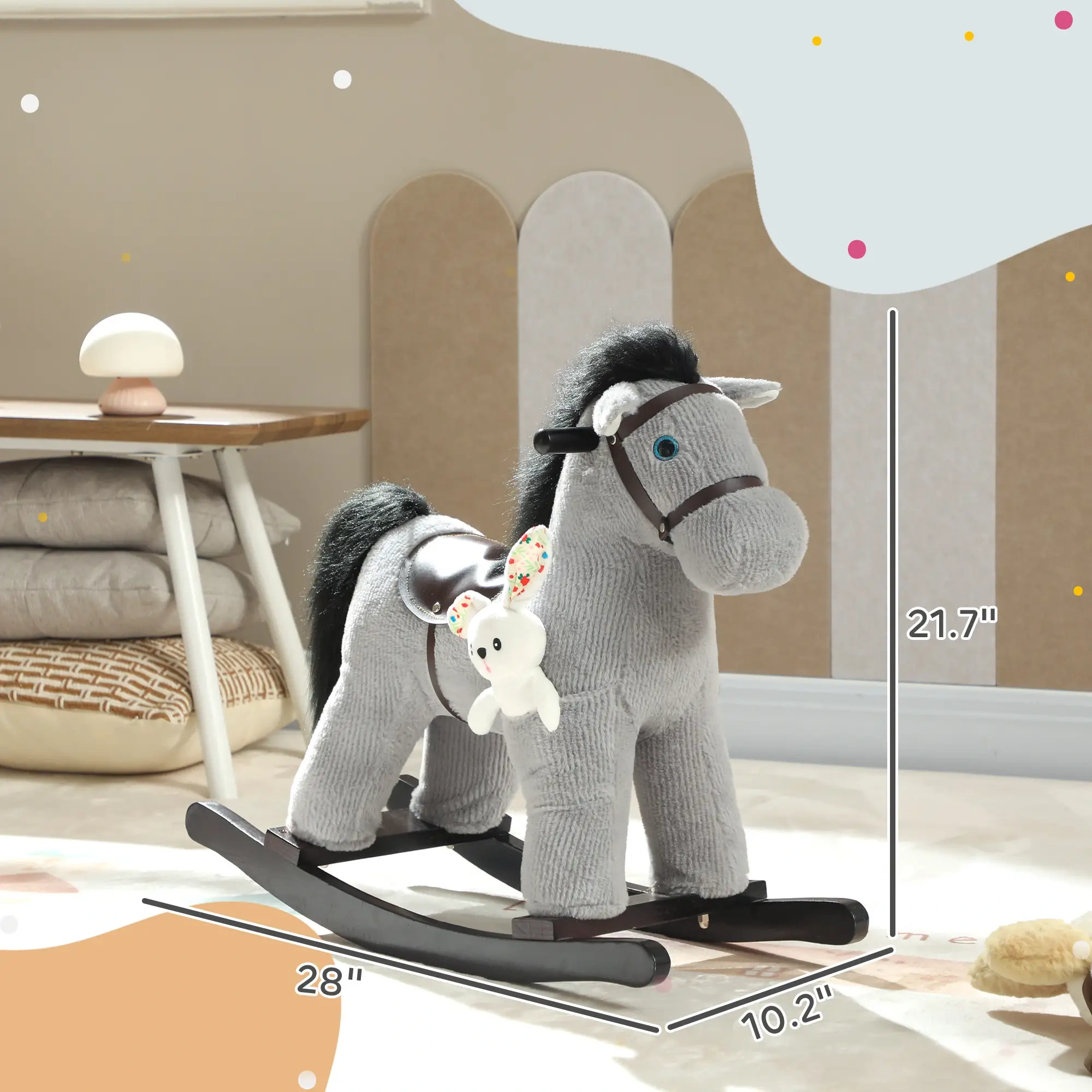 Wooden Rocking Horse for Kids with Soft Plush Seat, Indoor Outdoor Toy Gift view 6