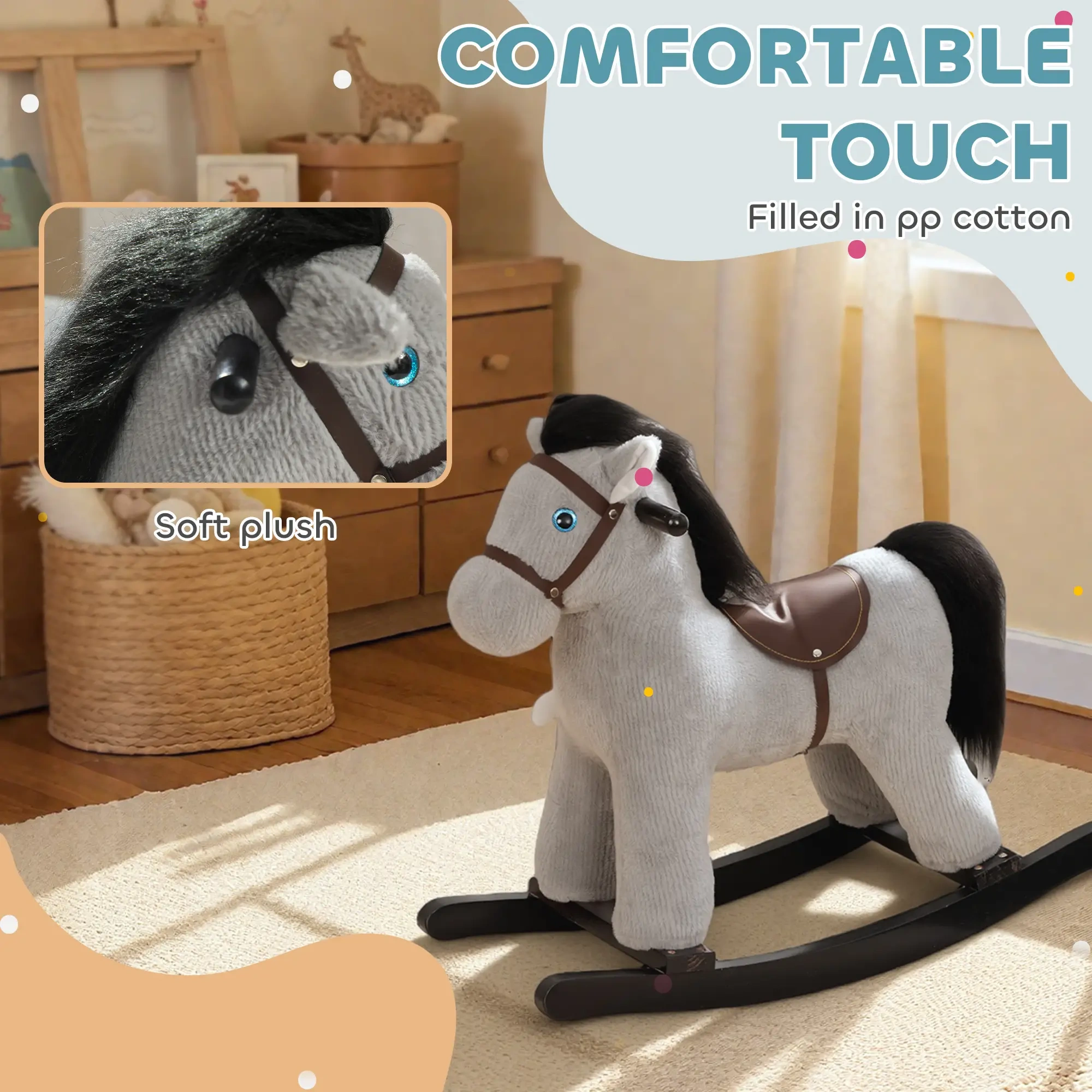 Wooden Rocking Horse for Kids with Soft Plush Seat, Indoor Outdoor Toy Gift view 8