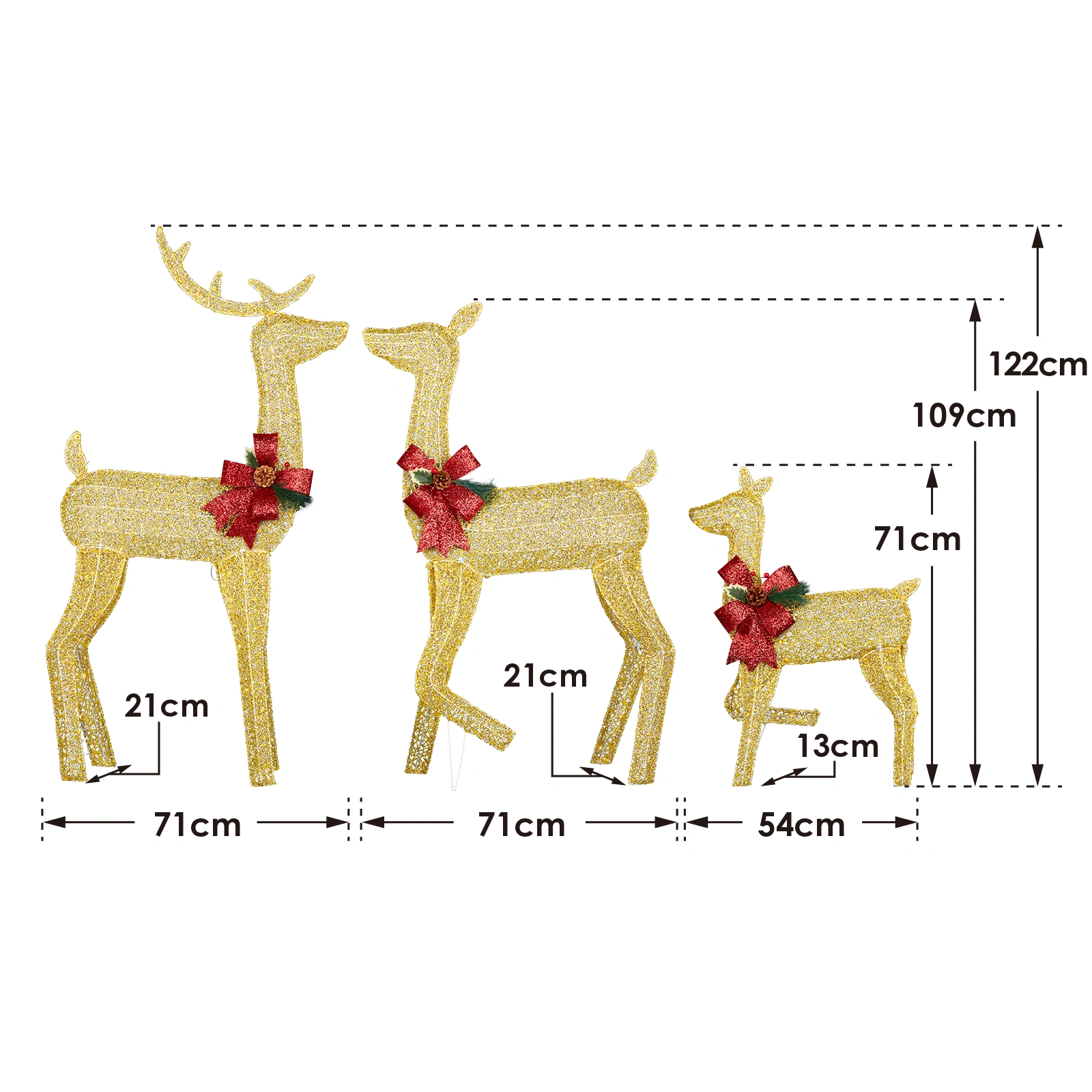 3-Piece Lighted Christmas Reindeer Family Set, 200 LED Warm White Outdoor Decor, Weatherproof 2D Deer Ornaments with Stakes, Golden view 2