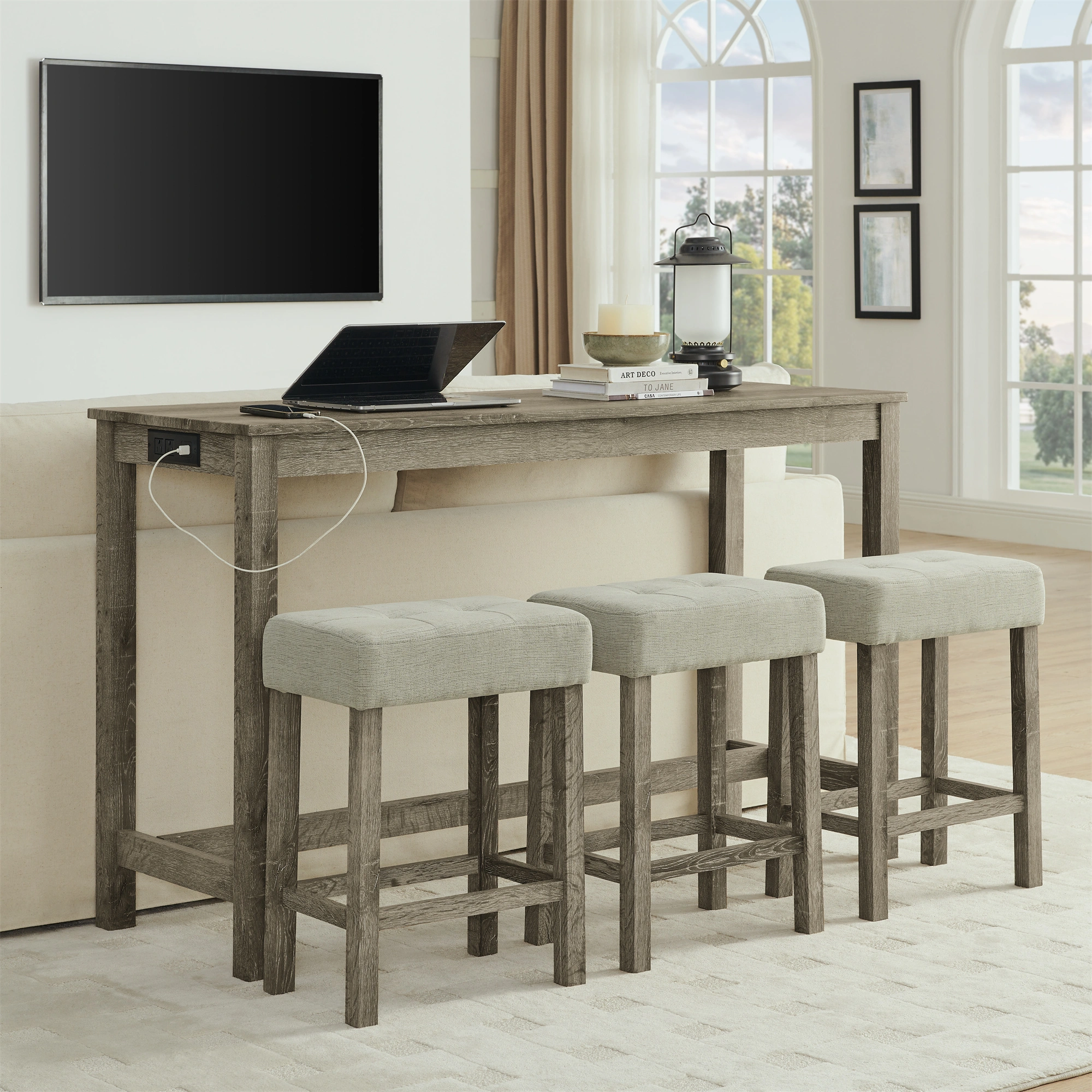 59" Bar Table with Power Outlet & 3 Upholstered Stools, 4 Piece Bar Height Dining Table Set for Living Room, Kitchen, Dining Room