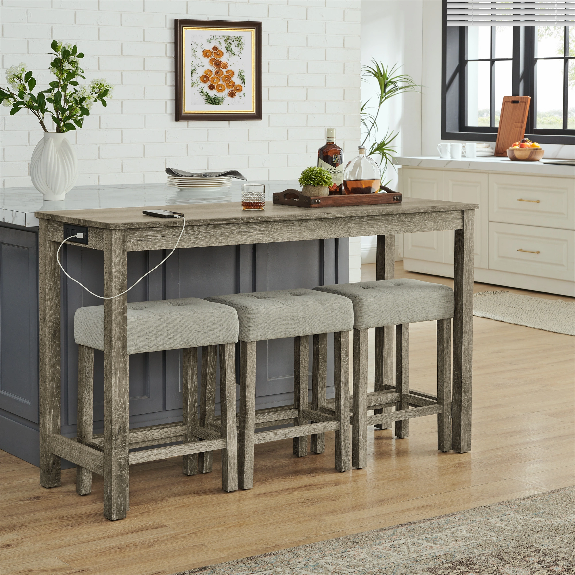 59" Bar Table with Power Outlet & 3 Upholstered Stools, 4 Piece Bar Height Dining Table Set for Living Room, Kitchen, Dining Room view 18