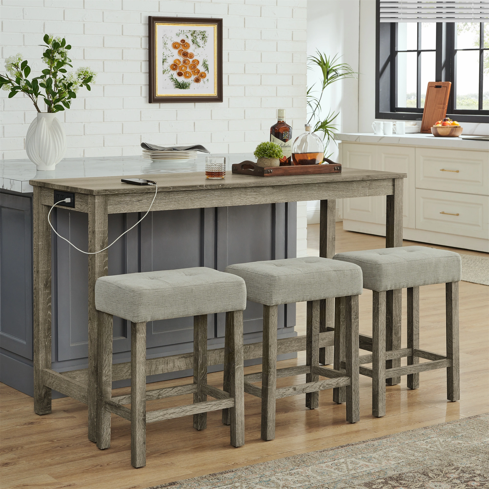 59" Bar Table with Power Outlet & 3 Upholstered Stools, 4 Piece Bar Height Dining Table Set for Living Room, Kitchen, Dining Room view 20