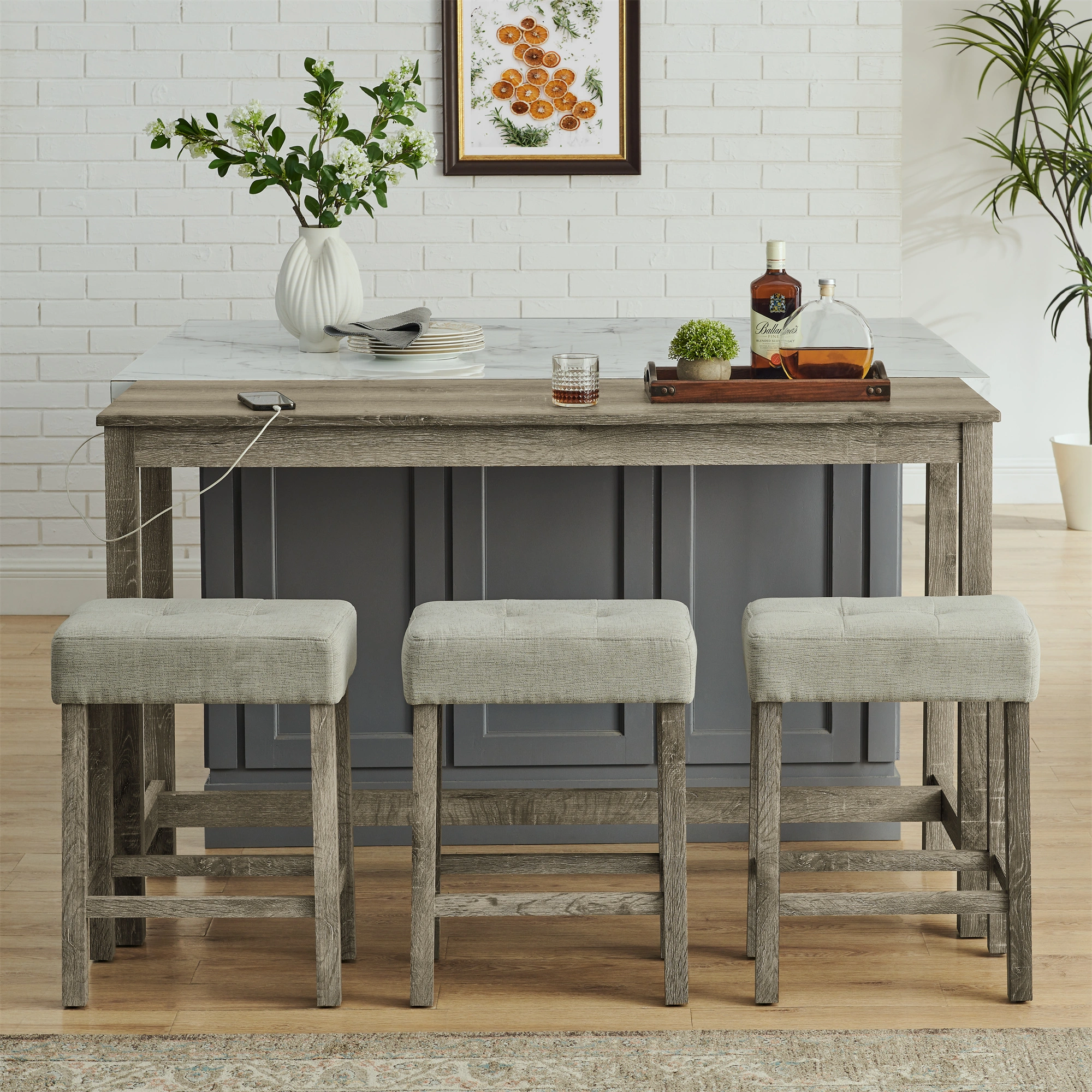 59" Bar Table with Power Outlet & 3 Upholstered Stools, 4 Piece Bar Height Dining Table Set for Living Room, Kitchen, Dining Room view 21