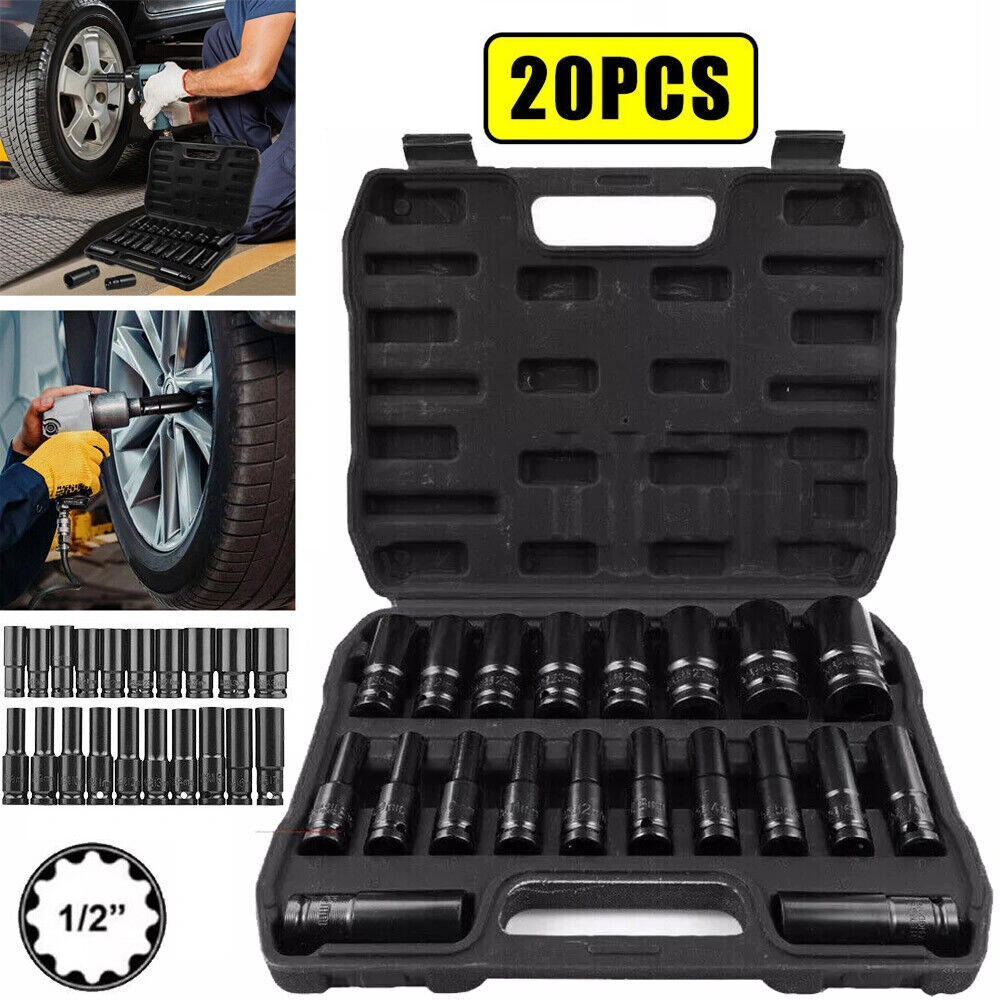 20PCS Deep Impact Socket Set 1/2" Drive Metric 8-32mm Chrome Vanadium Ratchet Set Lifetime Warranty UK