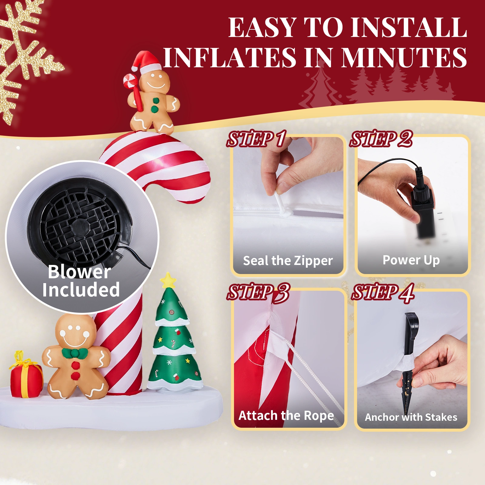 45M Lighted Christmas Inflatable Decoration Giant Candy Cane with Gingerbread Men LED Yard Lawn Garden Decor view 5
