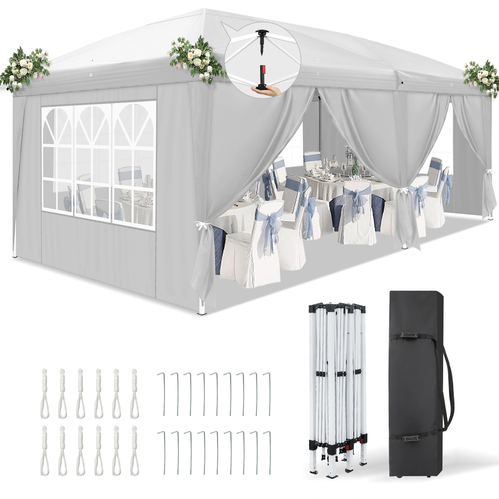 10x20' Instant Pop Up Canopy Tent White, 6 Side Panels 2 Doors 4 Mesh Windows, Powder Coated Steel Frame, 210D Oxford Outdoor Folding Shelter with Carry Bag