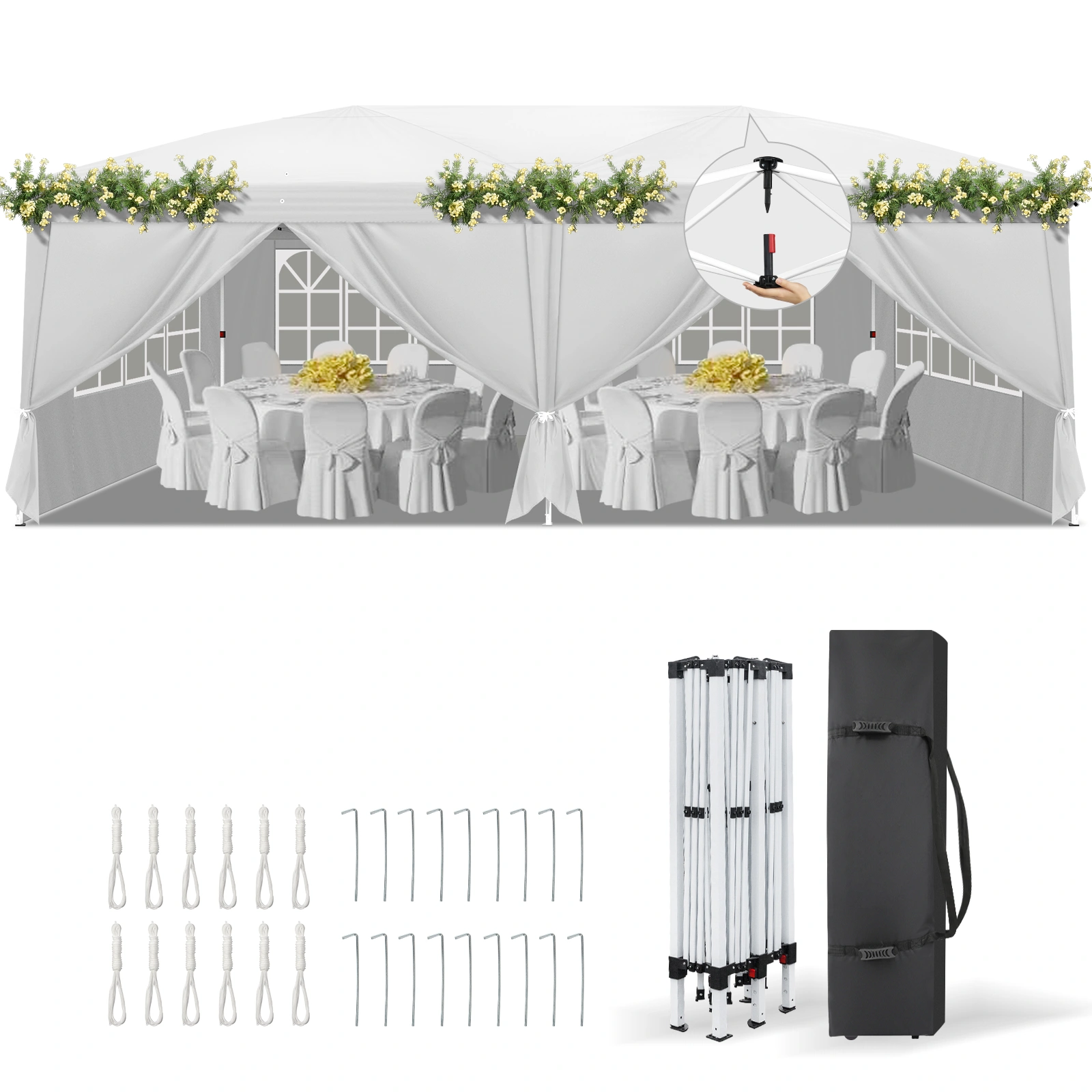 10x20' Instant Pop Up Canopy Tent White, 6 Side Panels 2 Doors 4 Mesh Windows, Powder Coated Steel Frame, 210D Oxford Outdoor Folding Shelter with Carry Bag view 3