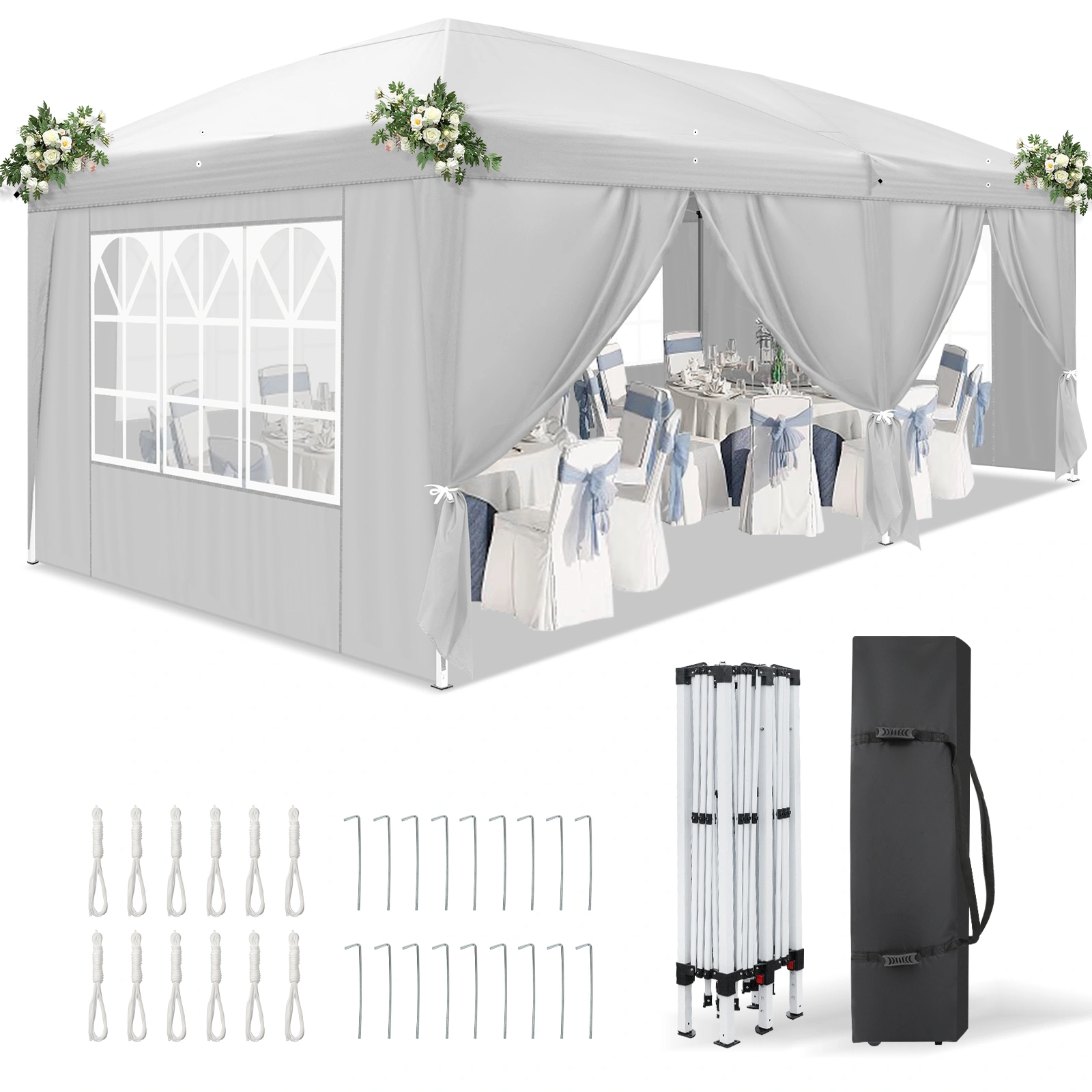 10x20' Instant Pop Up Canopy Tent White, 6 Side Panels 2 Doors 4 Mesh Windows, Powder Coated Steel Frame, 210D Oxford Outdoor Folding Shelter with Carry Bag view 4