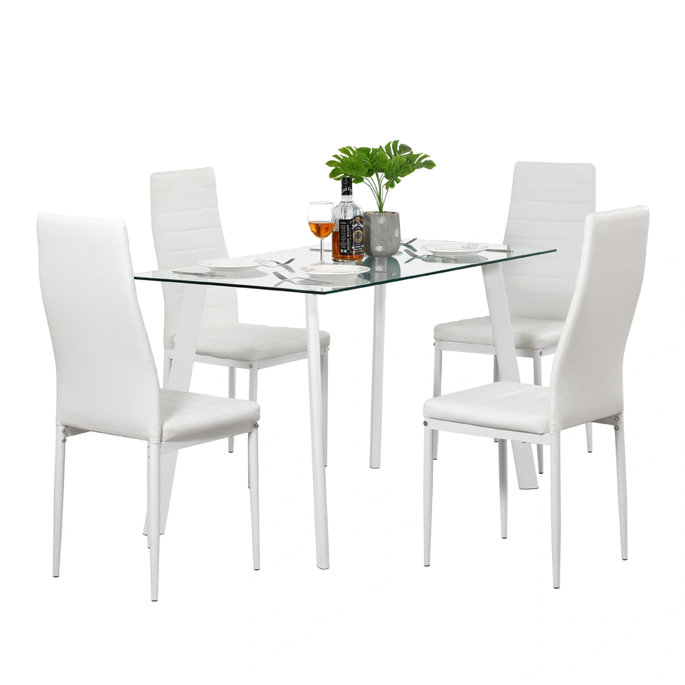 5 Piece Dining Table Set with 4 Chairs, Glass Top Metal Frame Kitchen Dining Room Furniture Set, White