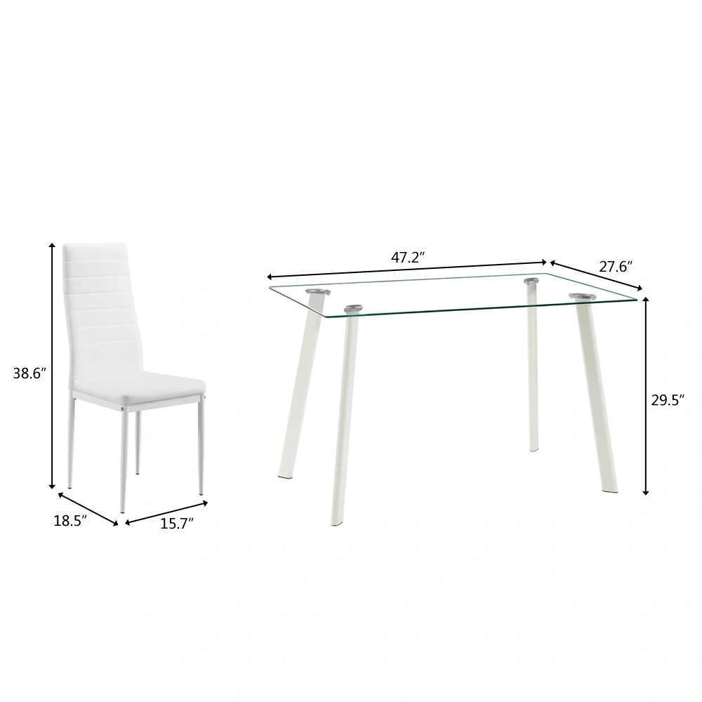 5 Piece Dining Table Set with 4 Chairs, Glass Top Metal Frame Kitchen Dining Room Furniture Set, White view 2