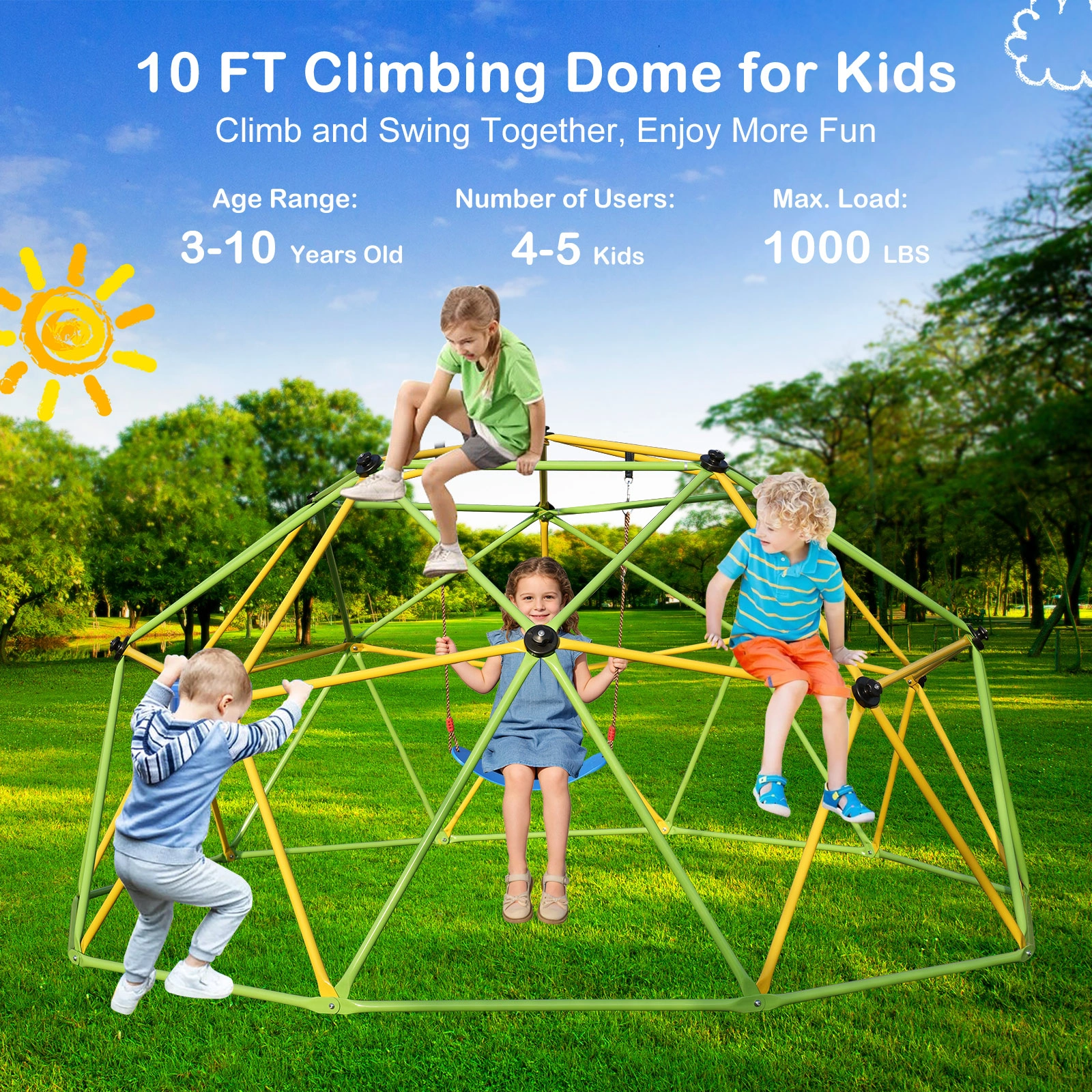10FT Climbing Dome for Kids Jungle Gym Apply To Park Dome Climber With Swing Playground Equipment,Green view 5