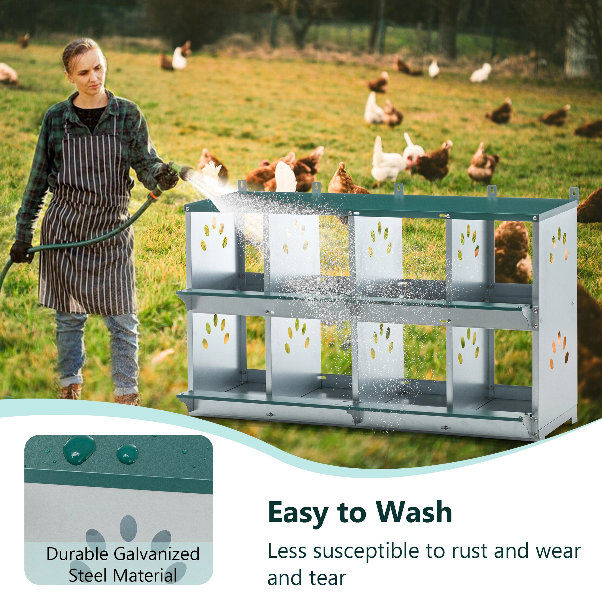 8-Compartment Wall-Mount Chicken Nesting Box, Metal Hen Nest Box with Large Vented Opening for Egg Laying view 4