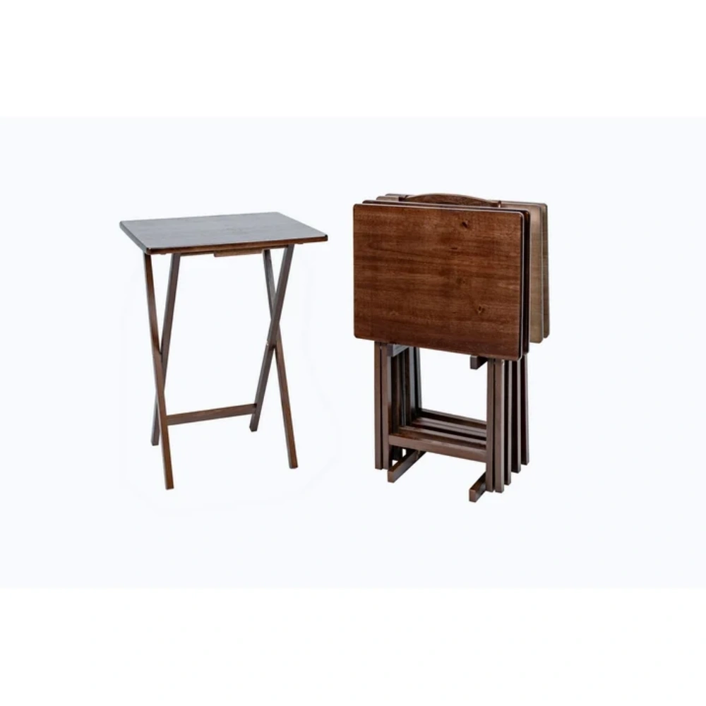 Folding TV Tray Tables Set of 4, Rubberwood Tray Table with Storage Rack, Walnut Finish, Portable Snack Table view 3