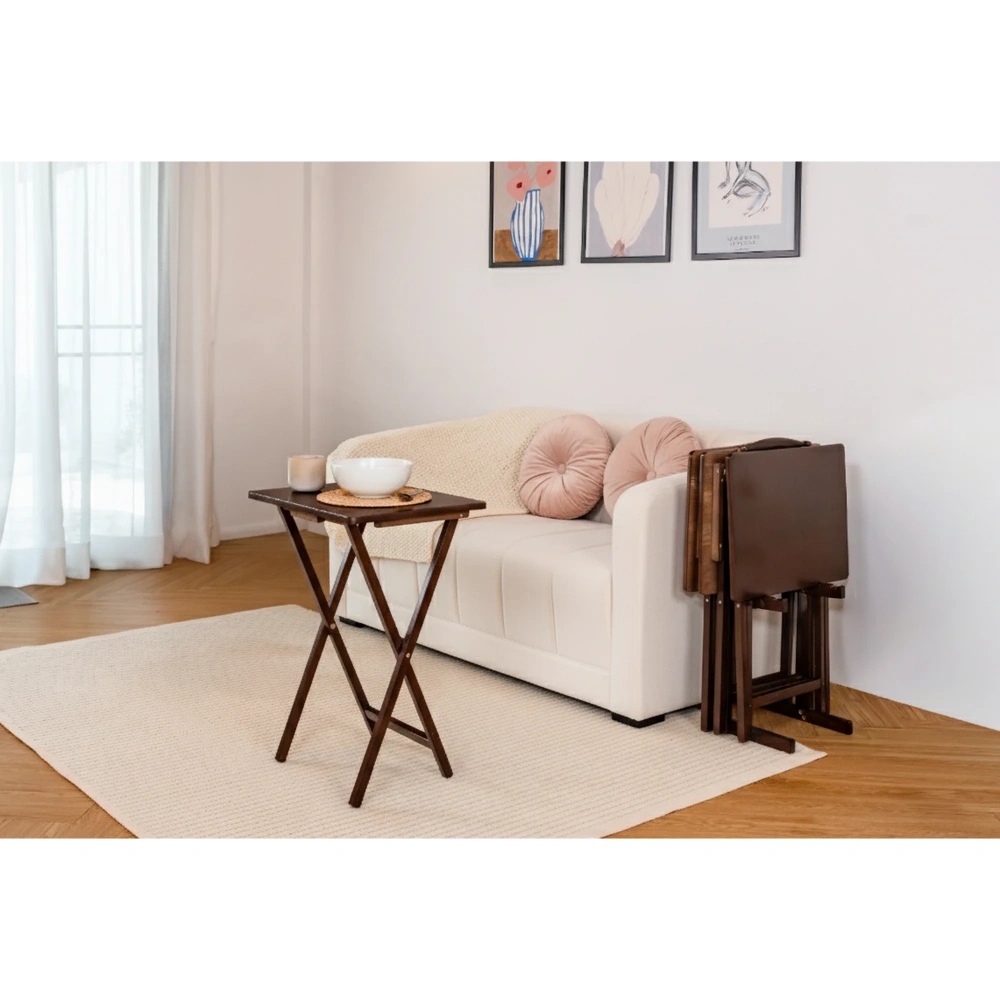 Folding TV Tray Tables Set of 4, Rubberwood Tray Table with Storage Rack, Walnut Finish, Portable Snack Table view 6